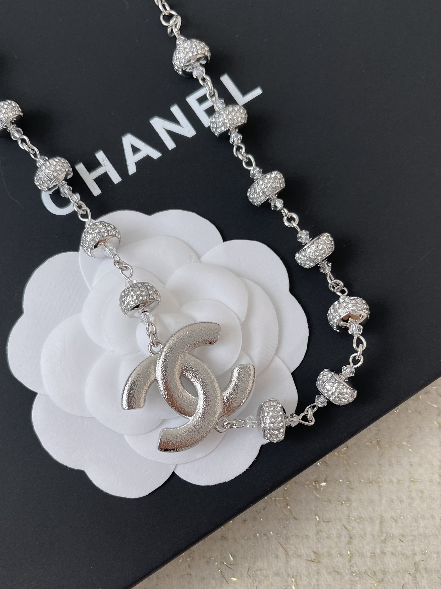 Luxury Chanel CC Logo Crystal Encrusted Silver Necklace