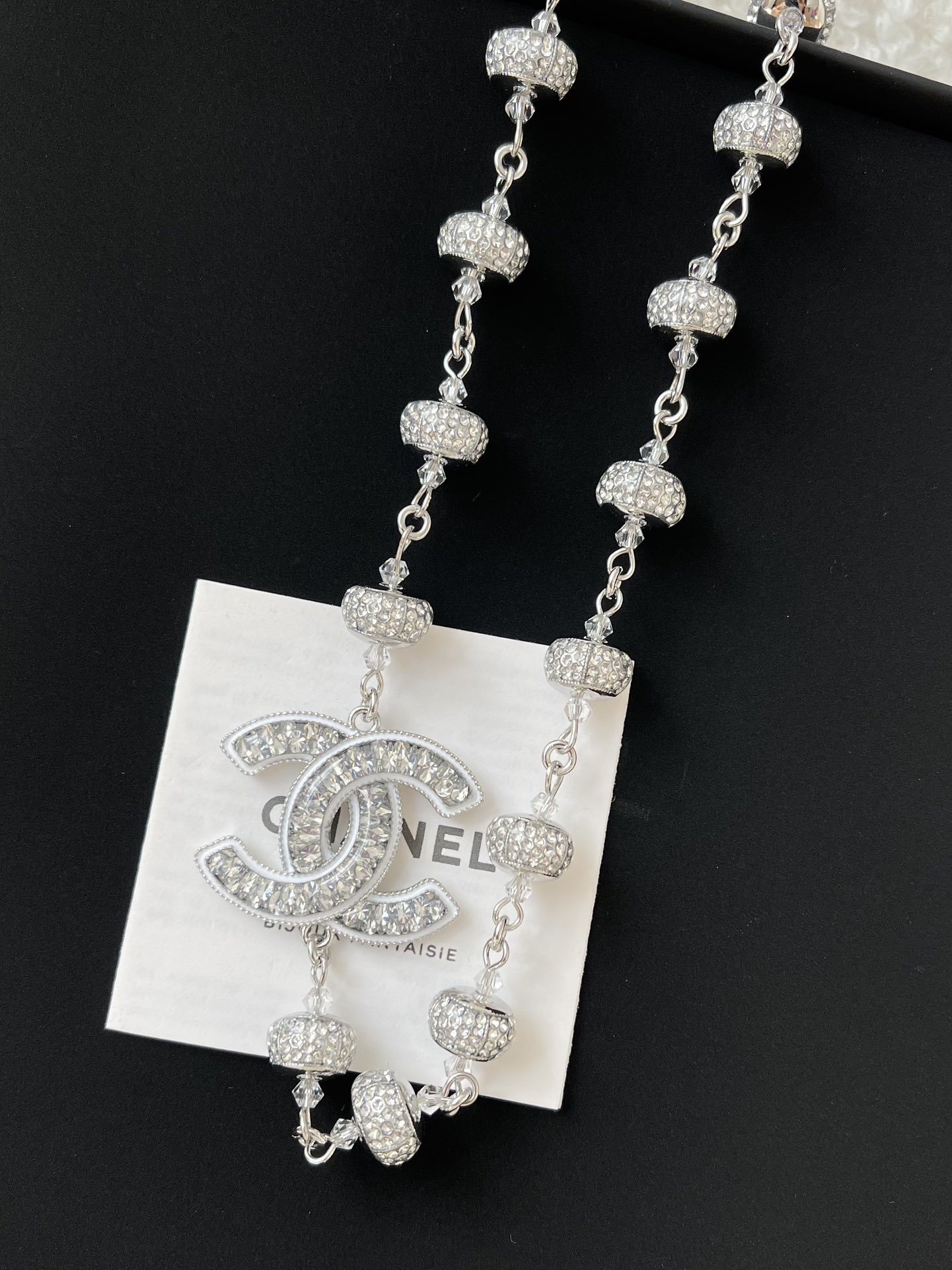 Luxury Chanel CC Logo Crystal Encrusted Silver Necklace
