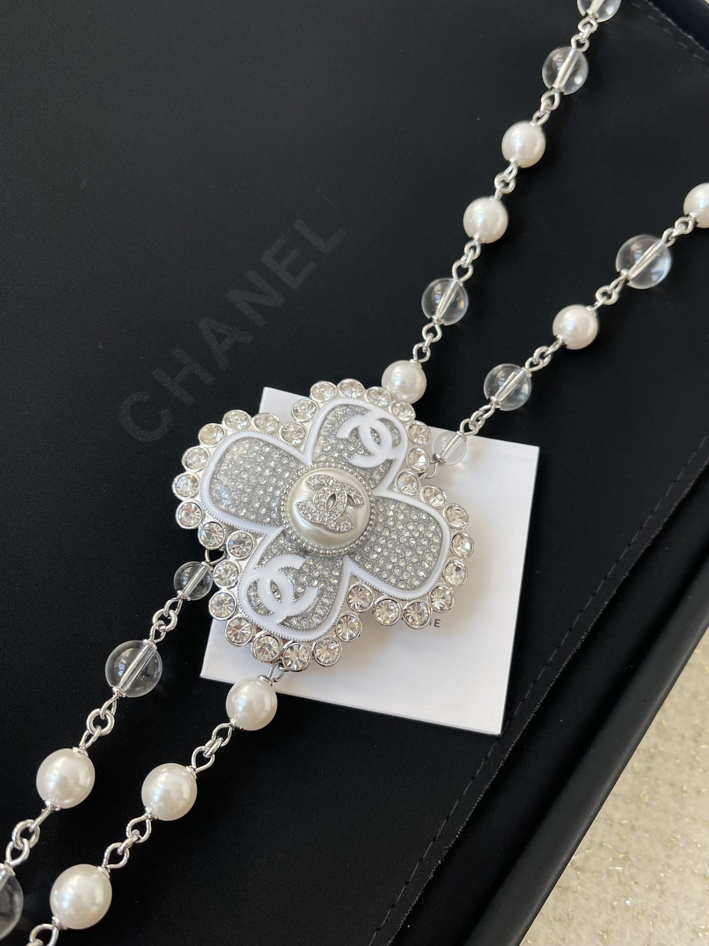 Chanel 25C Crystal Pearl Clover Long Necklace and Earrings Set