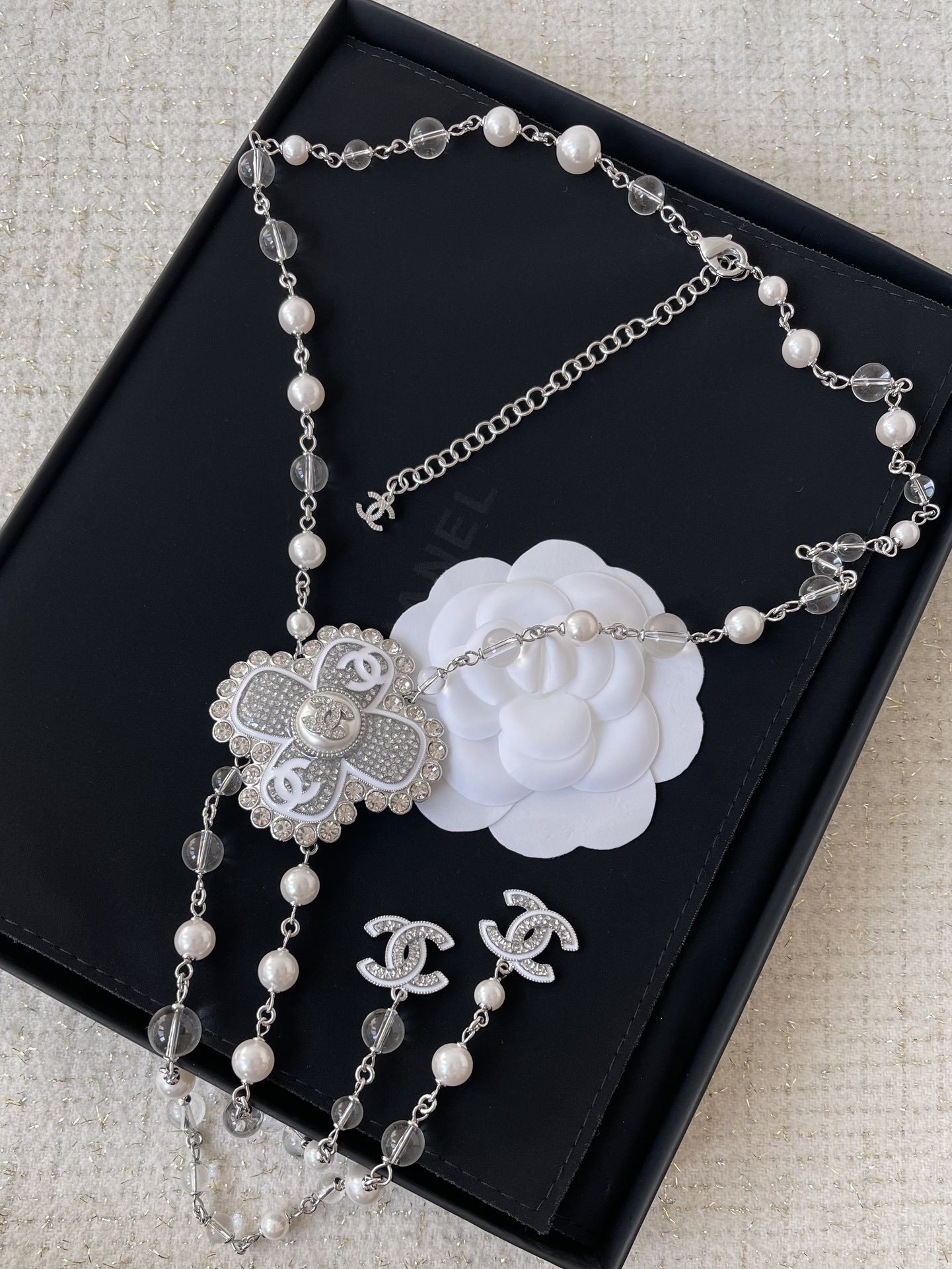 Chanel 25C Crystal Pearl Clover Long Necklace and Earrings Set