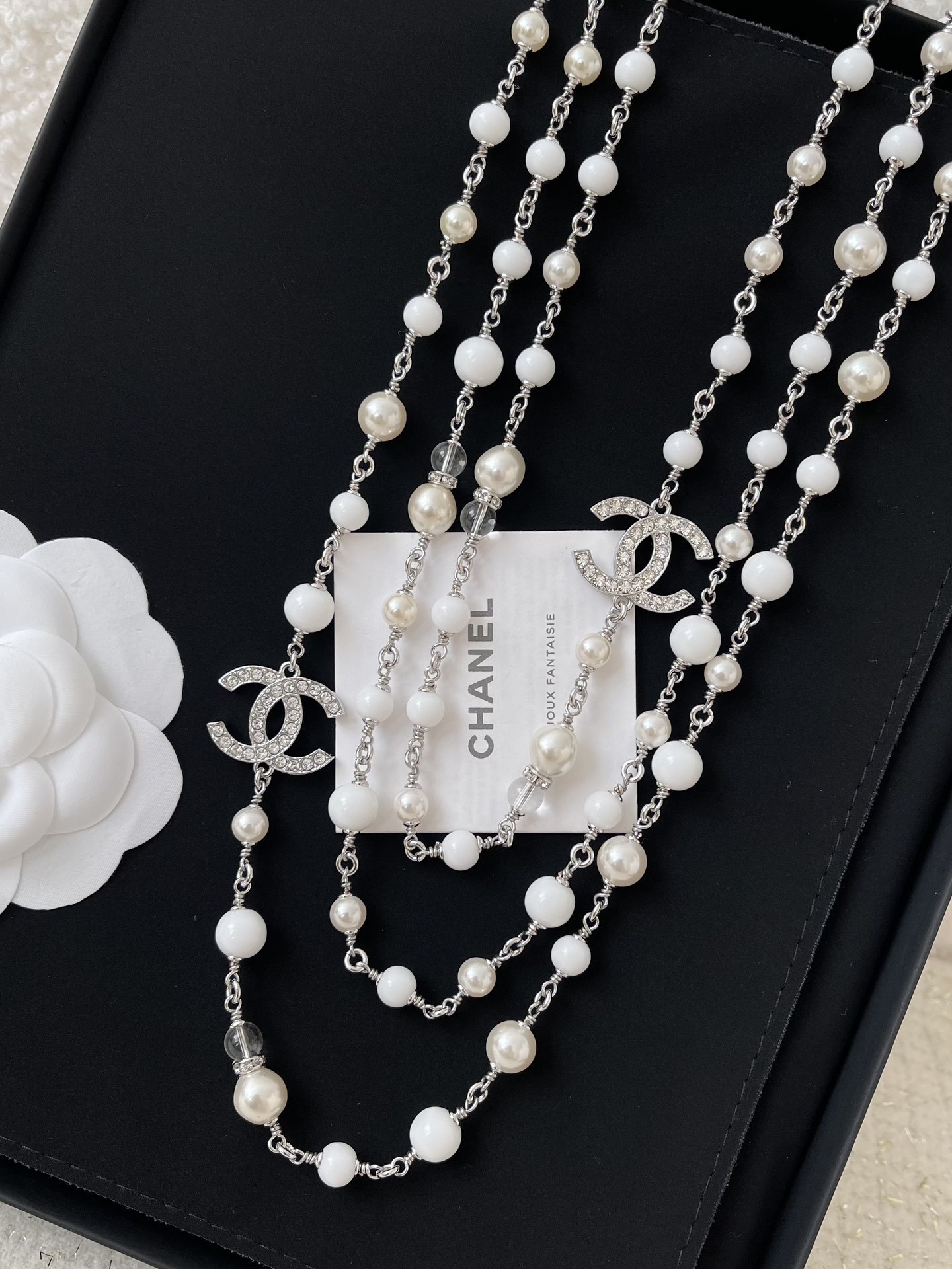 Elegant 3-Layer White Pearl Necklace with Crystal CC Accents