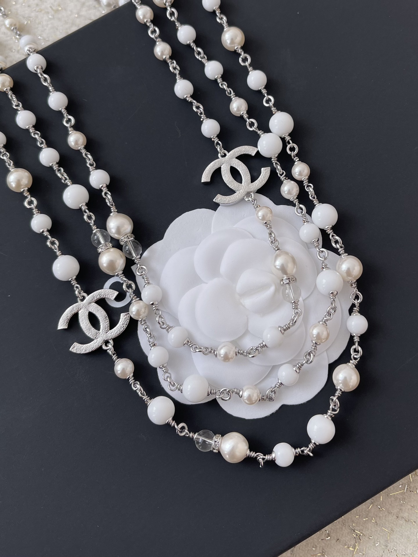 Elegant 3-Layer White Pearl Necklace with Crystal CC Accents