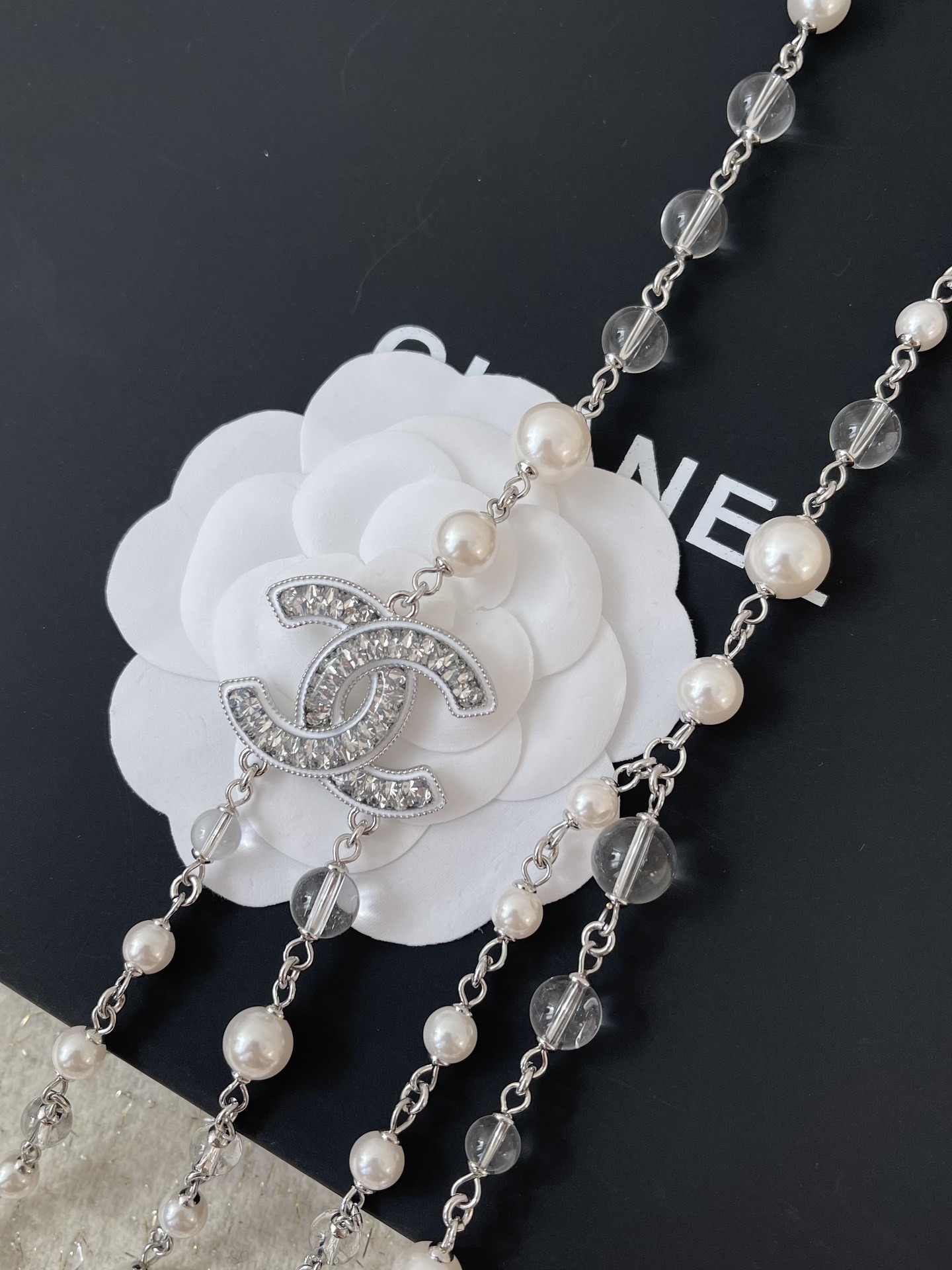 Luxury Multi-Strand Pearl & Crystal Sautoir Necklace with CC Logo