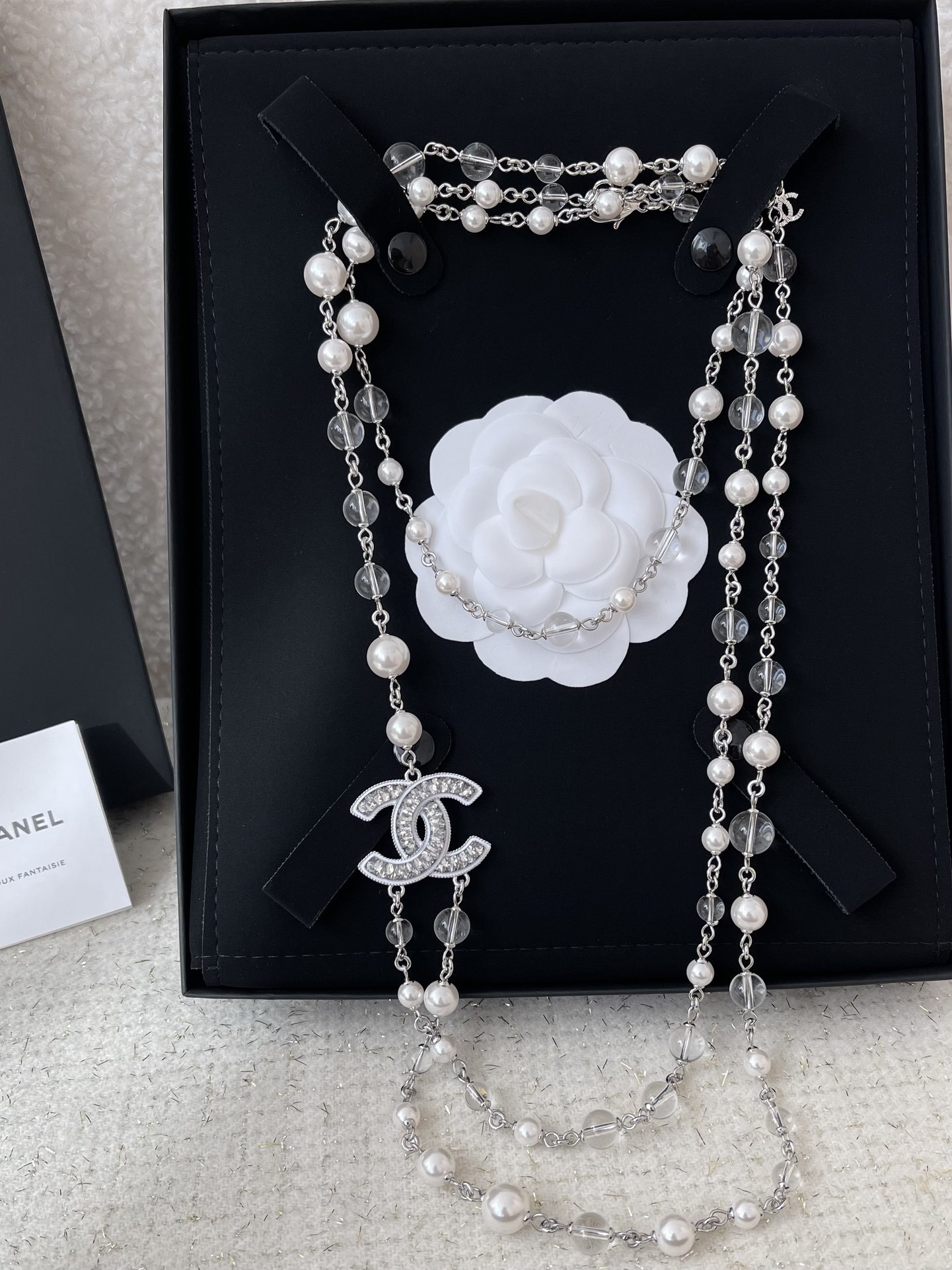 Luxury Multi-Strand Pearl & Crystal Sautoir Necklace with CC Logo