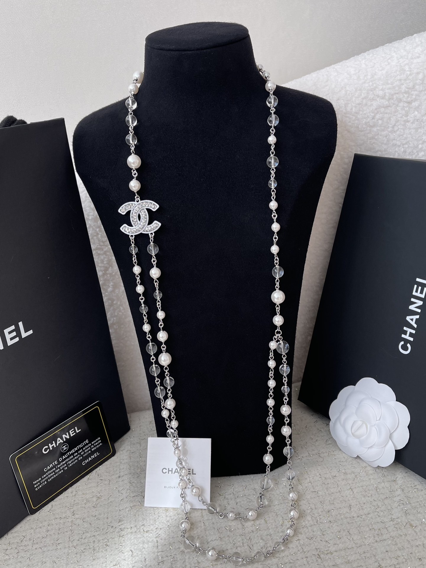 Luxury Multi-Strand Pearl & Crystal Sautoir Necklace with CC Logo