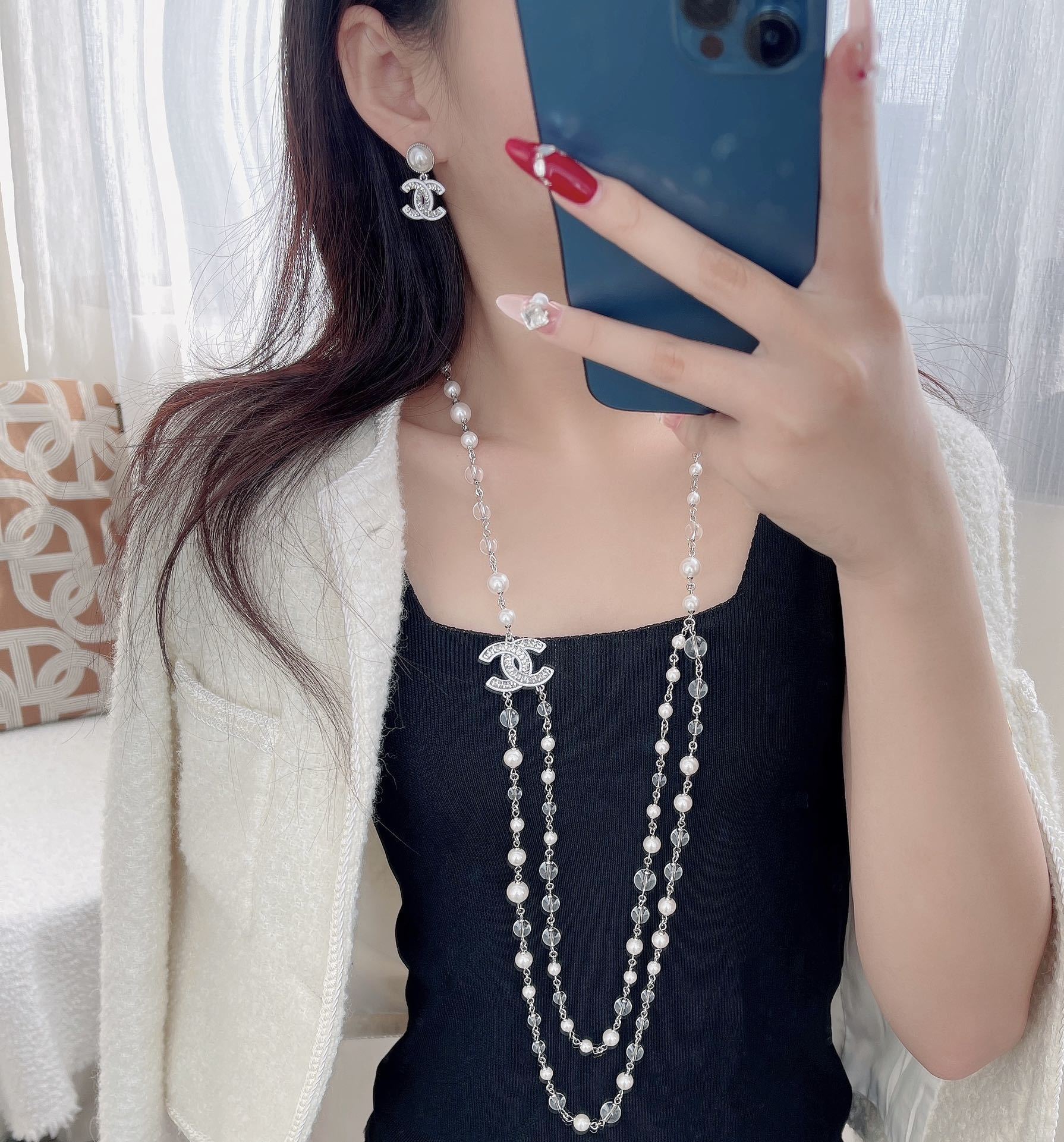 Luxury Multi-Strand Pearl & Crystal Sautoir Necklace with CC Logo