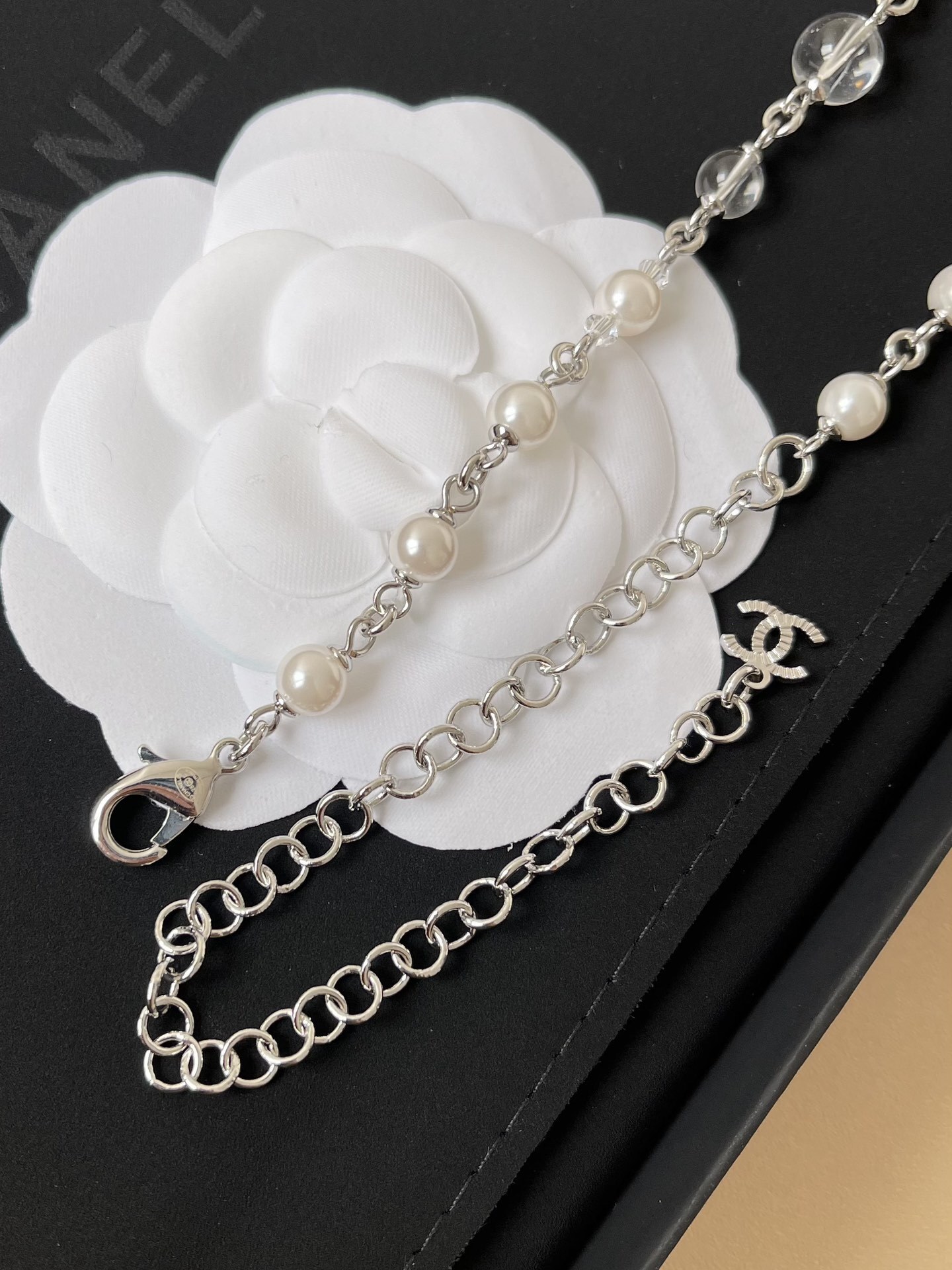 Luxury Pearl & Crystal Double C Logo Necklace in Silver Tone