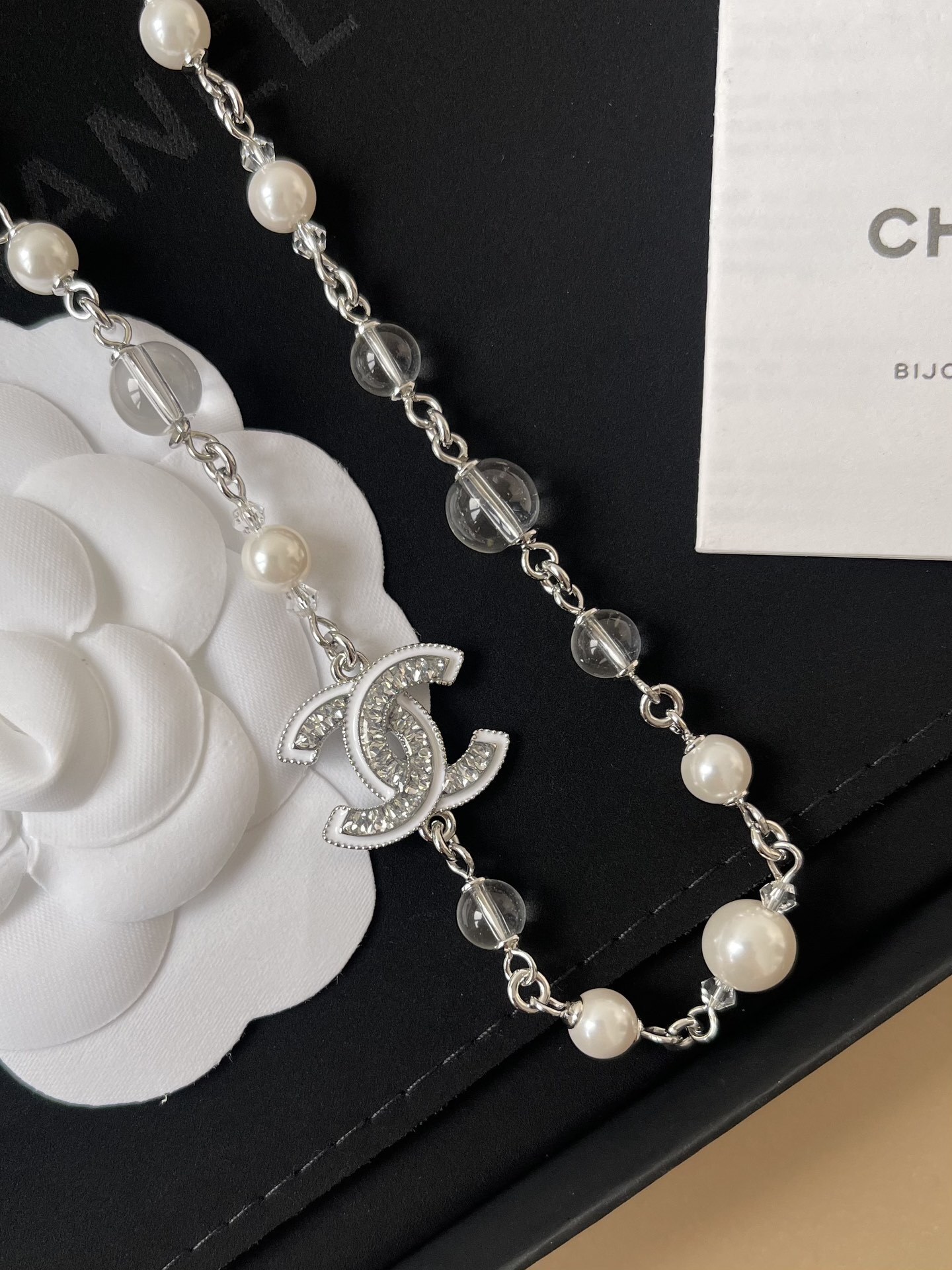 Luxury Pearl & Crystal Double C Logo Necklace in Silver Tone