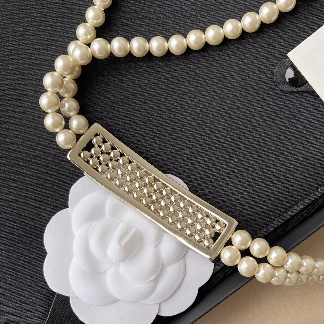 Chanel Double Strand Pearl Belt Gold CC Logo Crystal Buckle