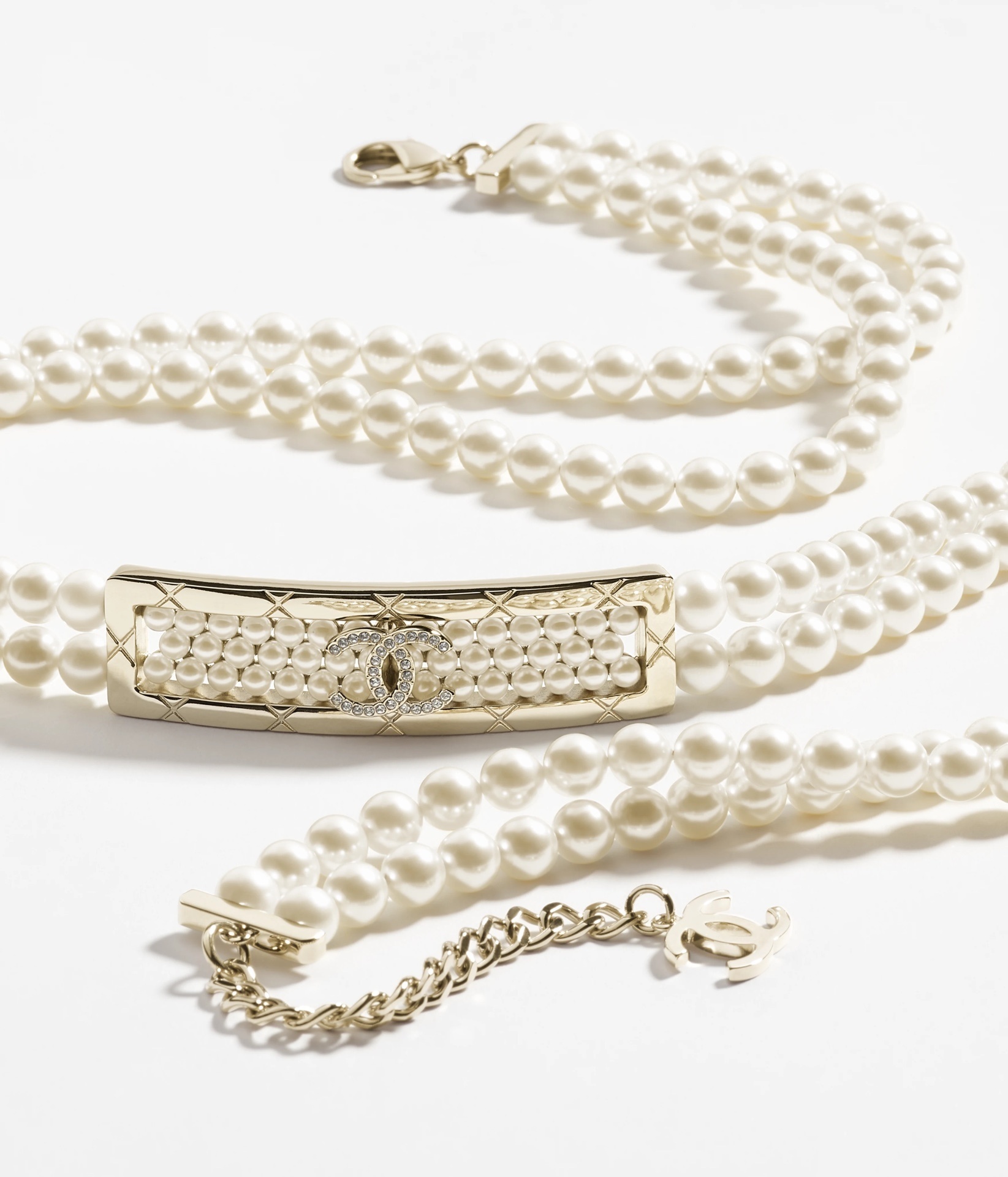 Chanel Double Strand Pearl Belt Gold CC Logo Crystal Buckle