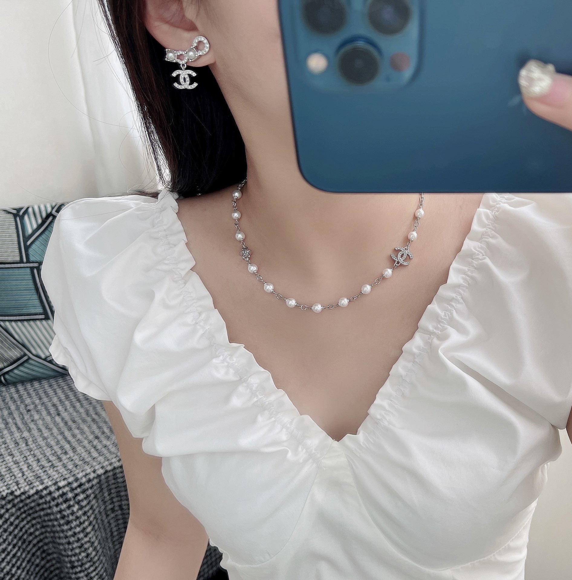 Luxury Chanel Pearl Necklace with Crystal CC Logo & Star Charm