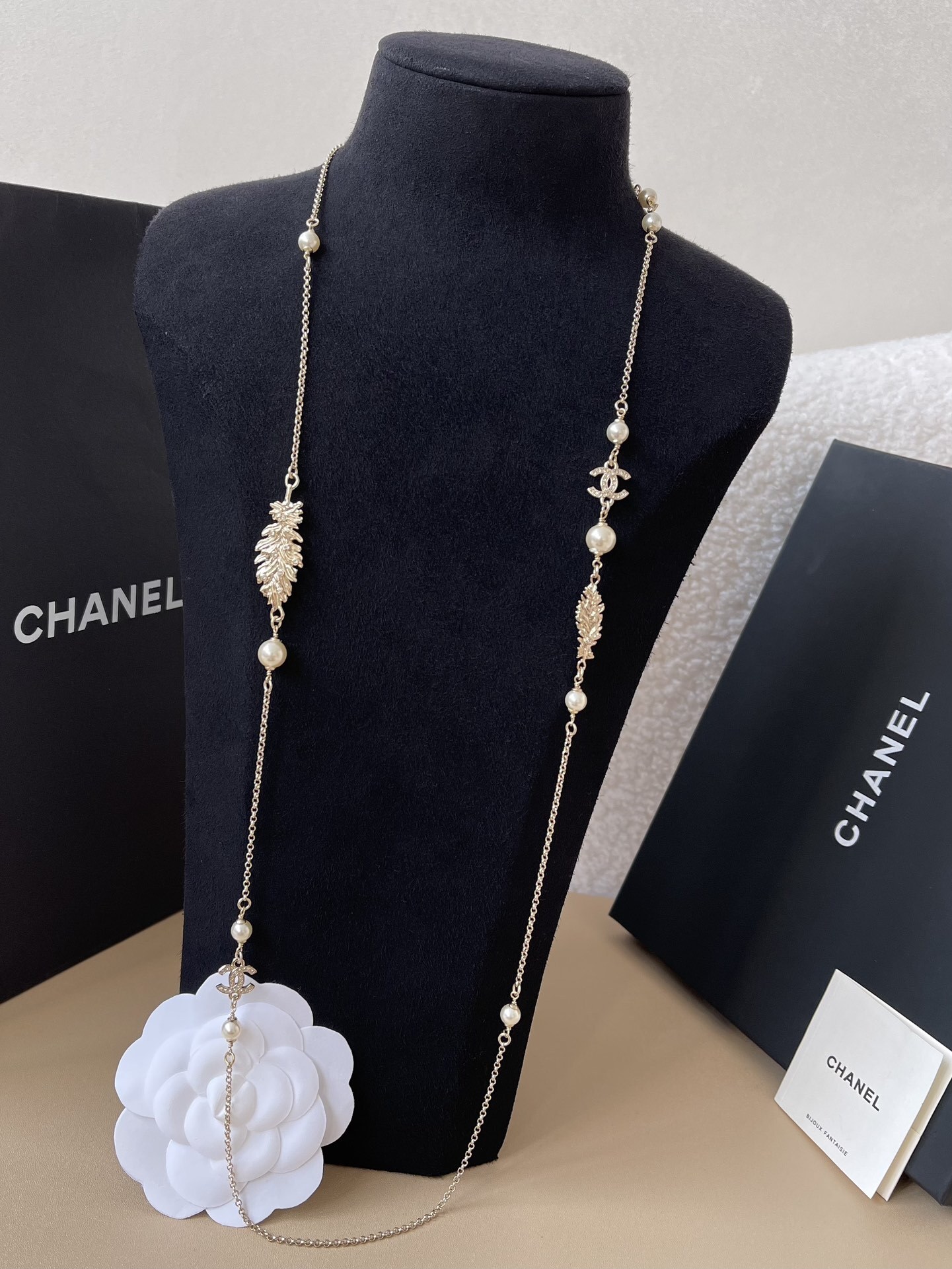 Luxury Chanel Gold-Tone Pearl Long Necklace with CC Logo & Leaves