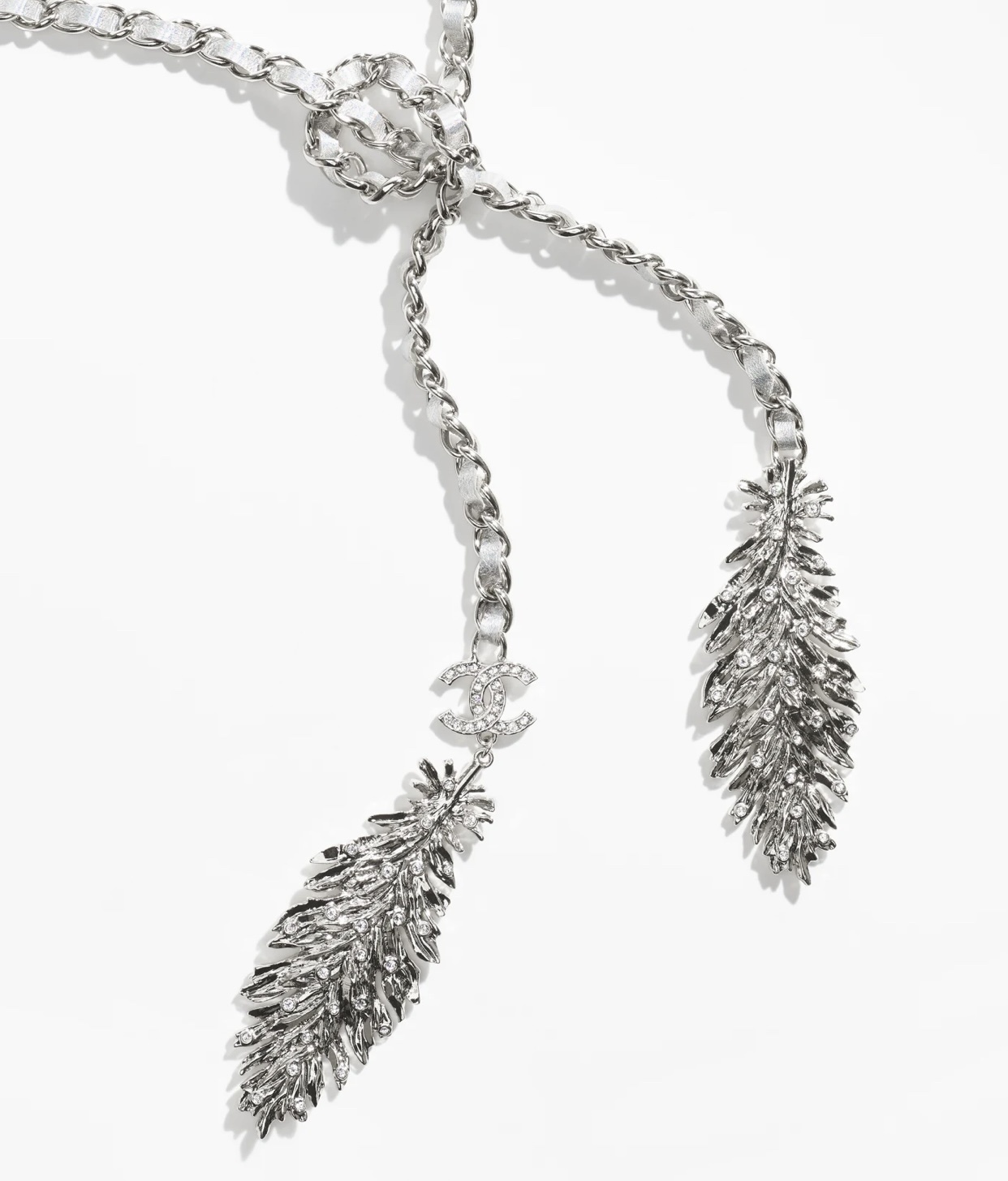 Chanel 2025 SS Silver Metal & White Calfskin Lariat Necklace