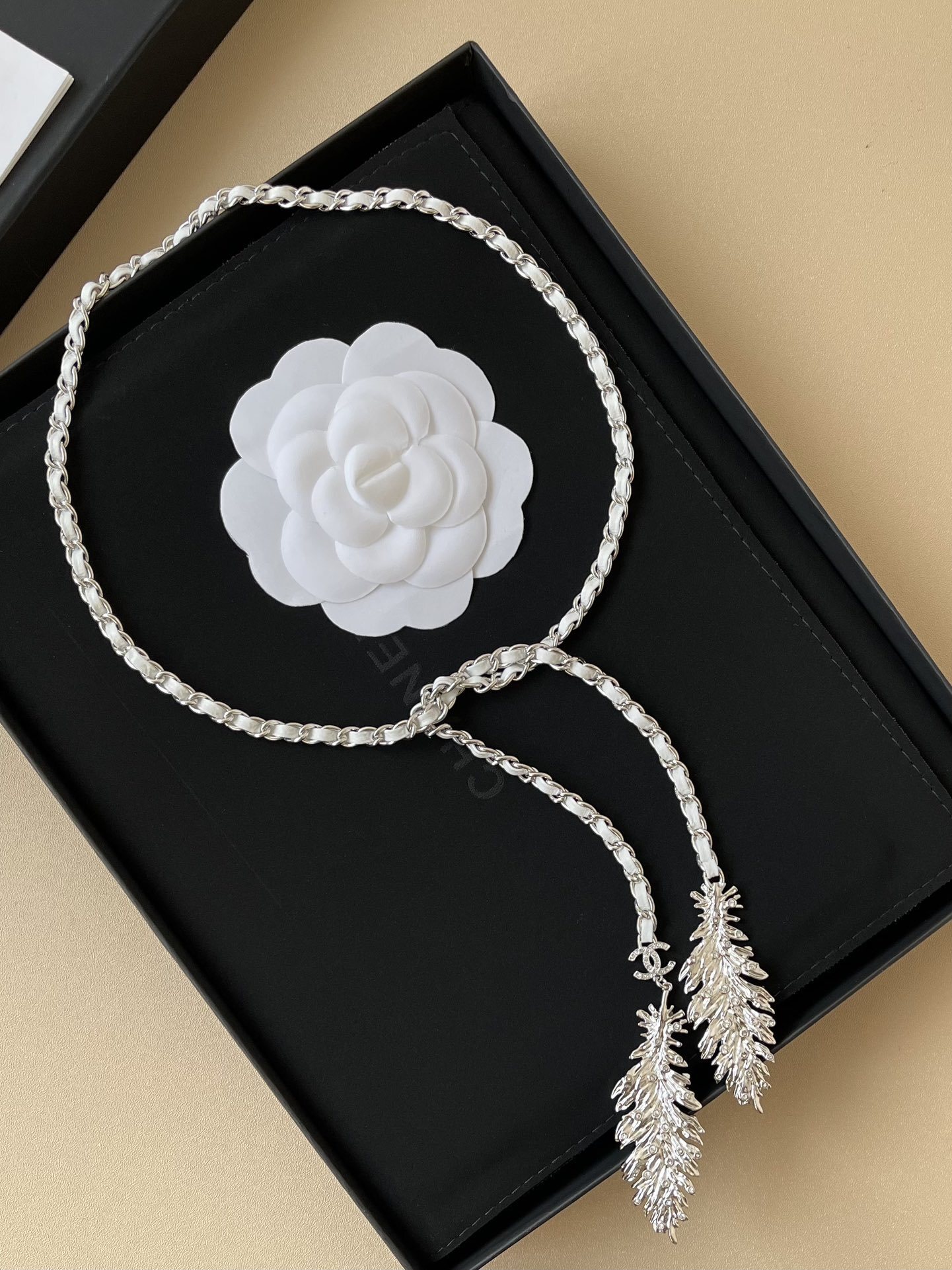 Chanel 2025 SS Silver Metal & White Calfskin Lariat Necklace