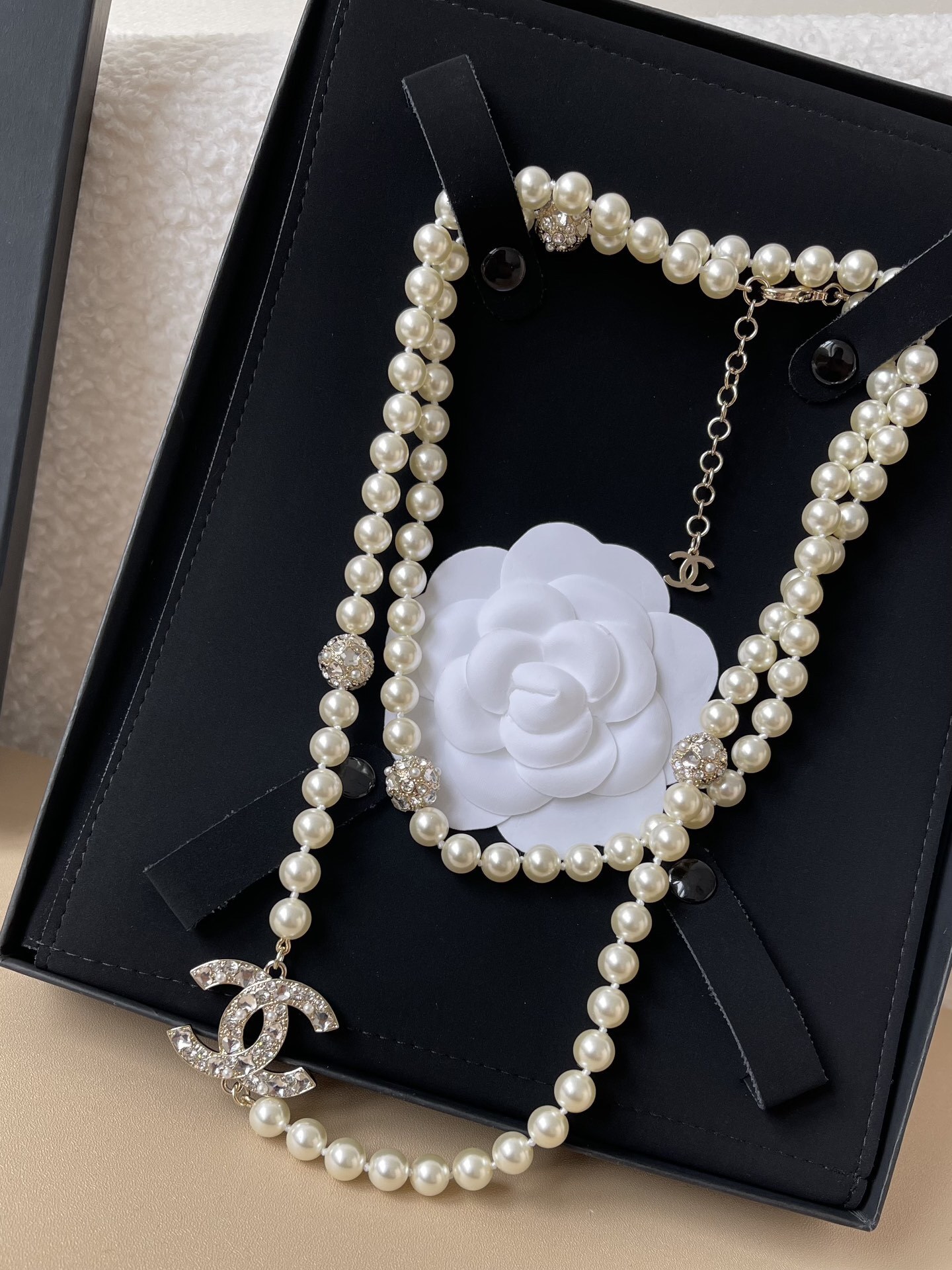 Chanel Luxury Long Pearl Necklace with Crystal CC Logo Charm