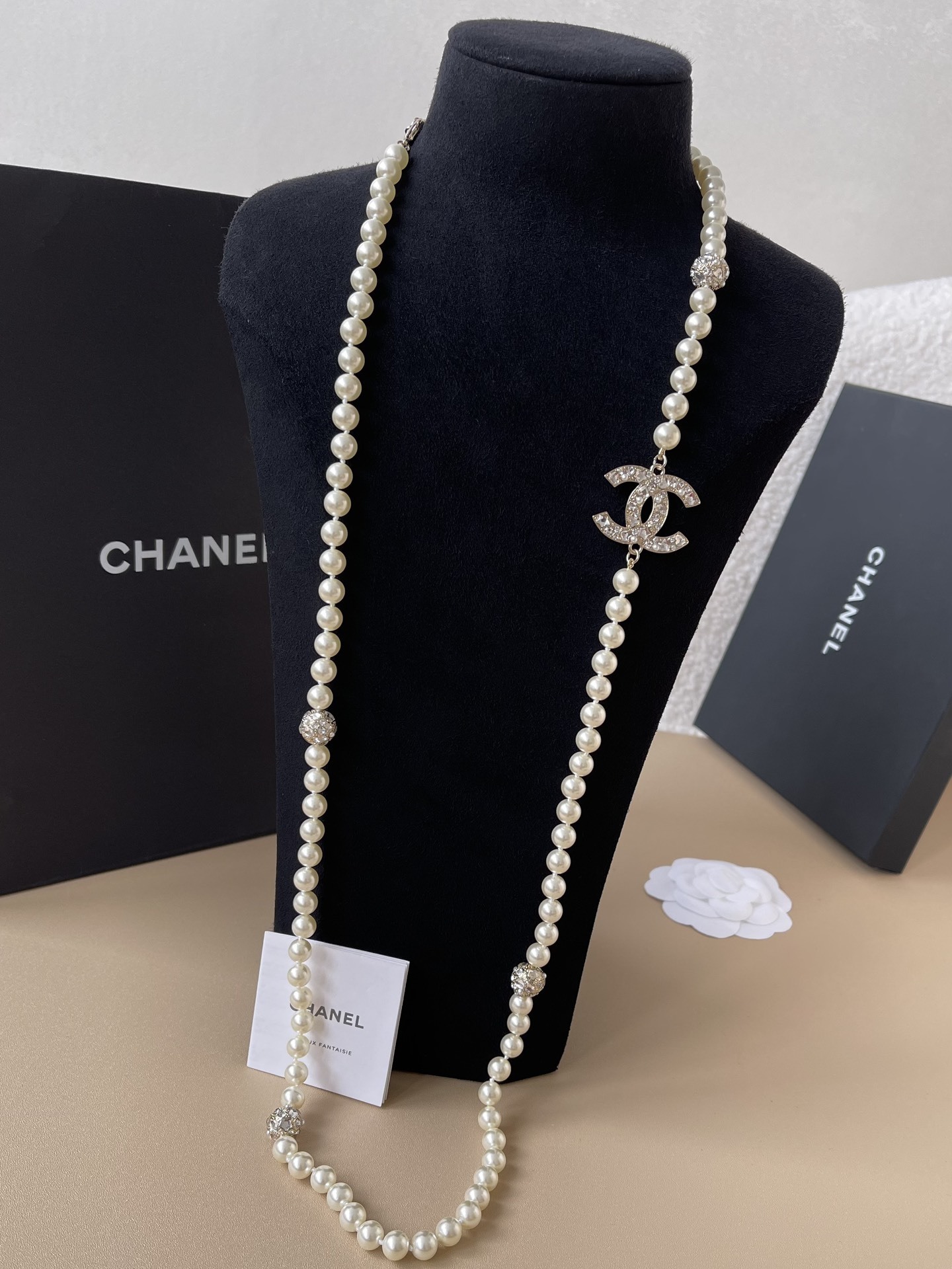 Chanel Luxury Long Pearl Necklace with Crystal CC Logo Charm