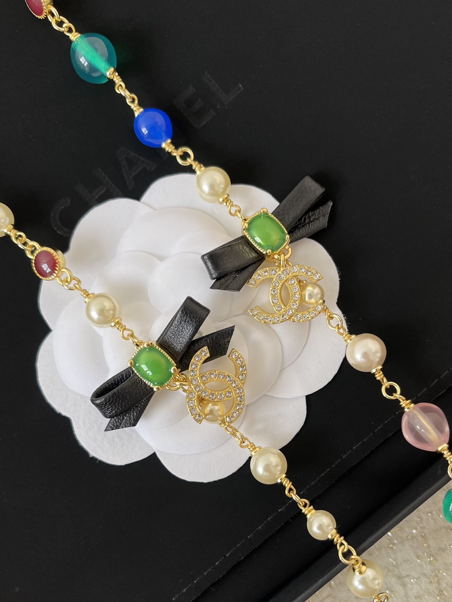 Luxury Long Pearl Necklace with Bow Accents and Colorful Charms