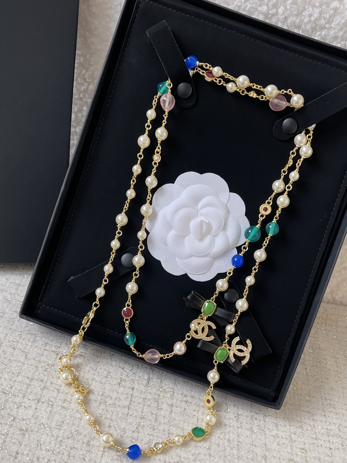 Luxury Long Pearl Necklace with Bow Accents and Colorful Charms