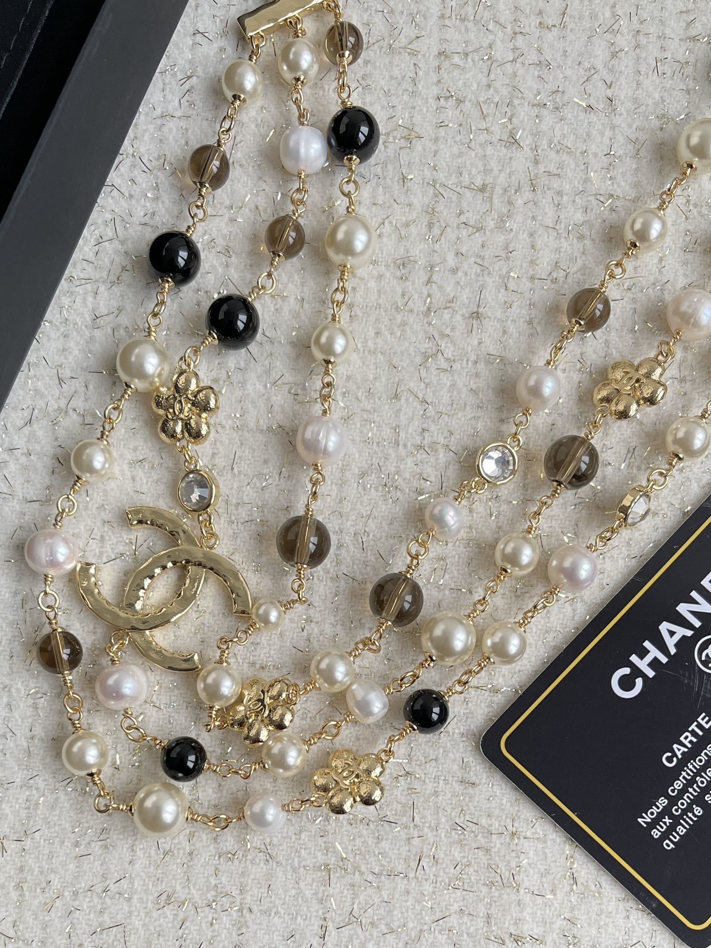 Chanel Multi-Strand Pearl & Bead Necklace with Gold-Tone CC Logo