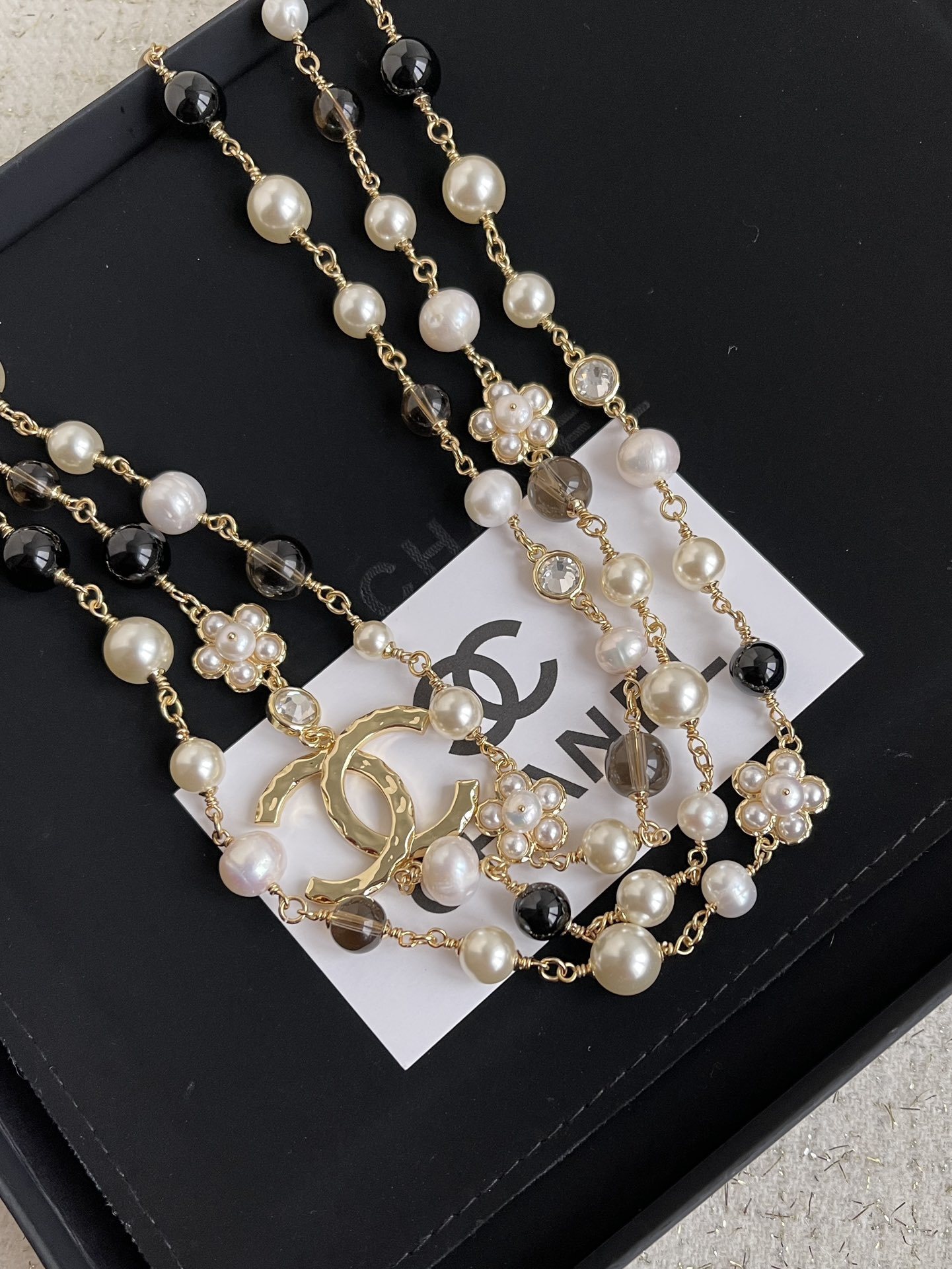 Chanel Multi-Strand Pearl & Bead Necklace with Gold-Tone CC Logo
