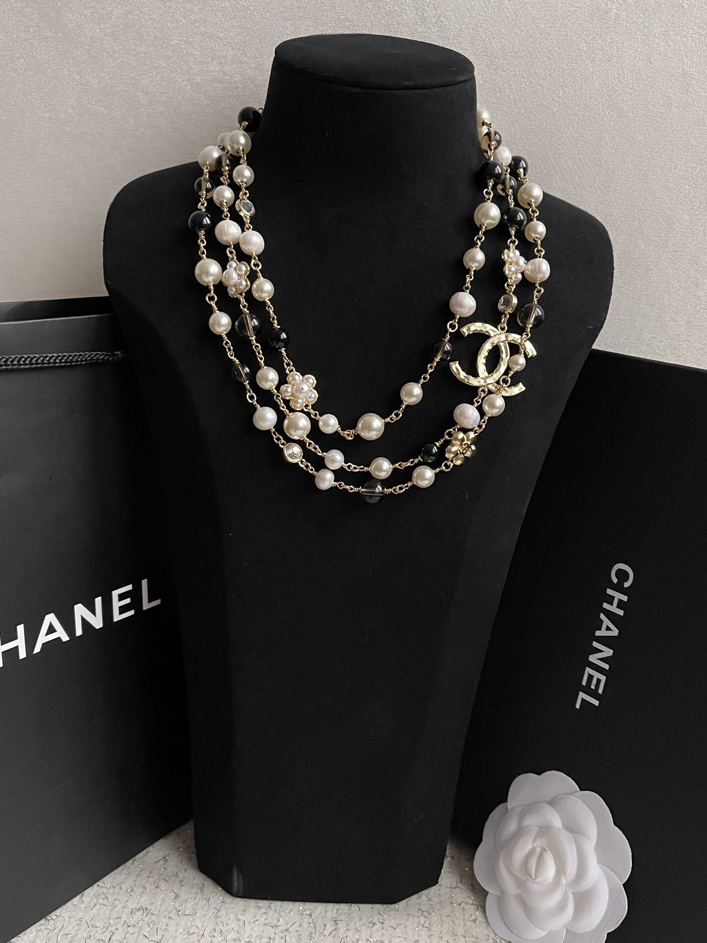 Chanel Multi-Strand Pearl & Bead Necklace with Gold-Tone CC Logo