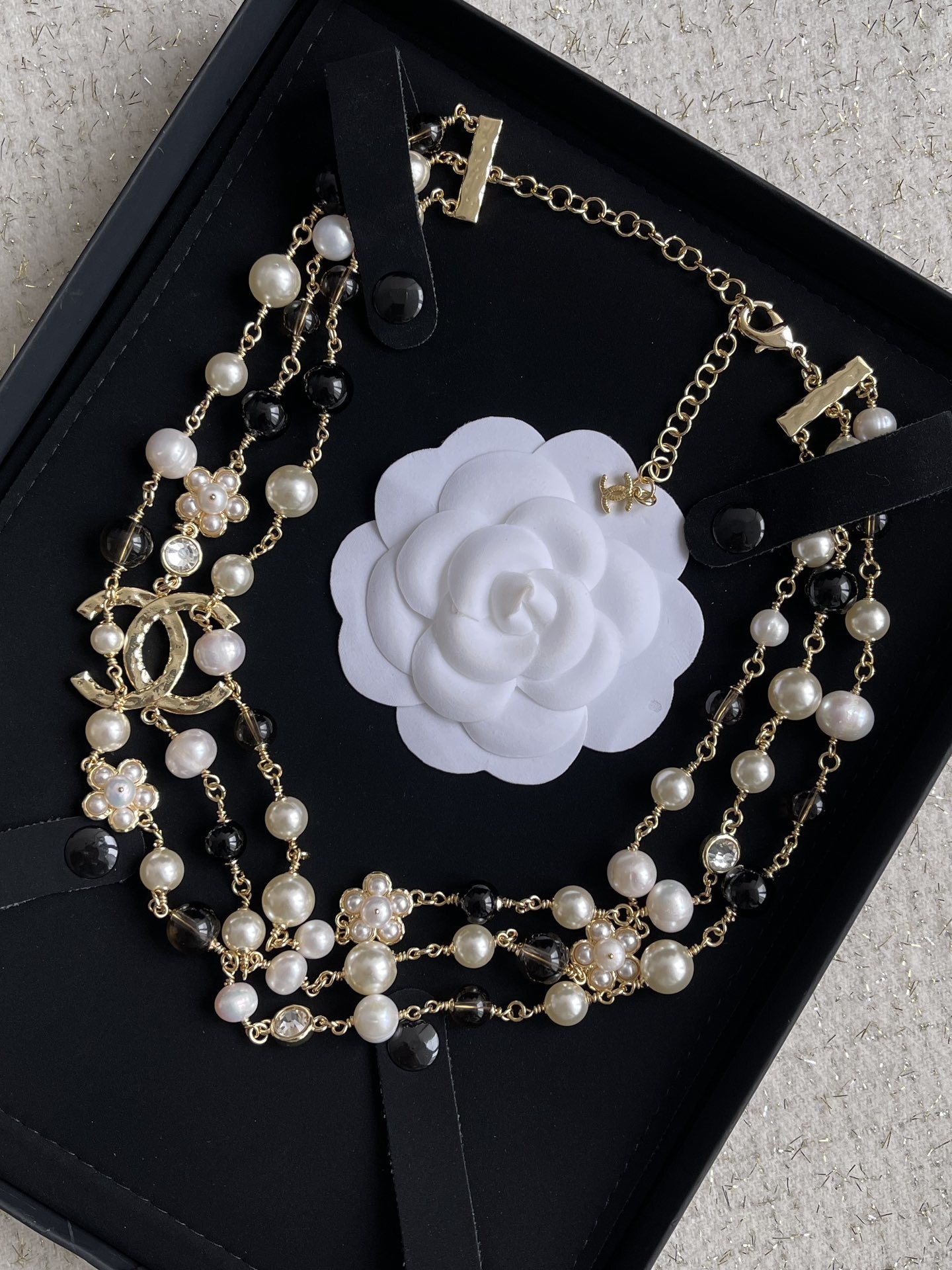 Chanel Multi-Strand Pearl & Bead Necklace with Gold-Tone CC Logo