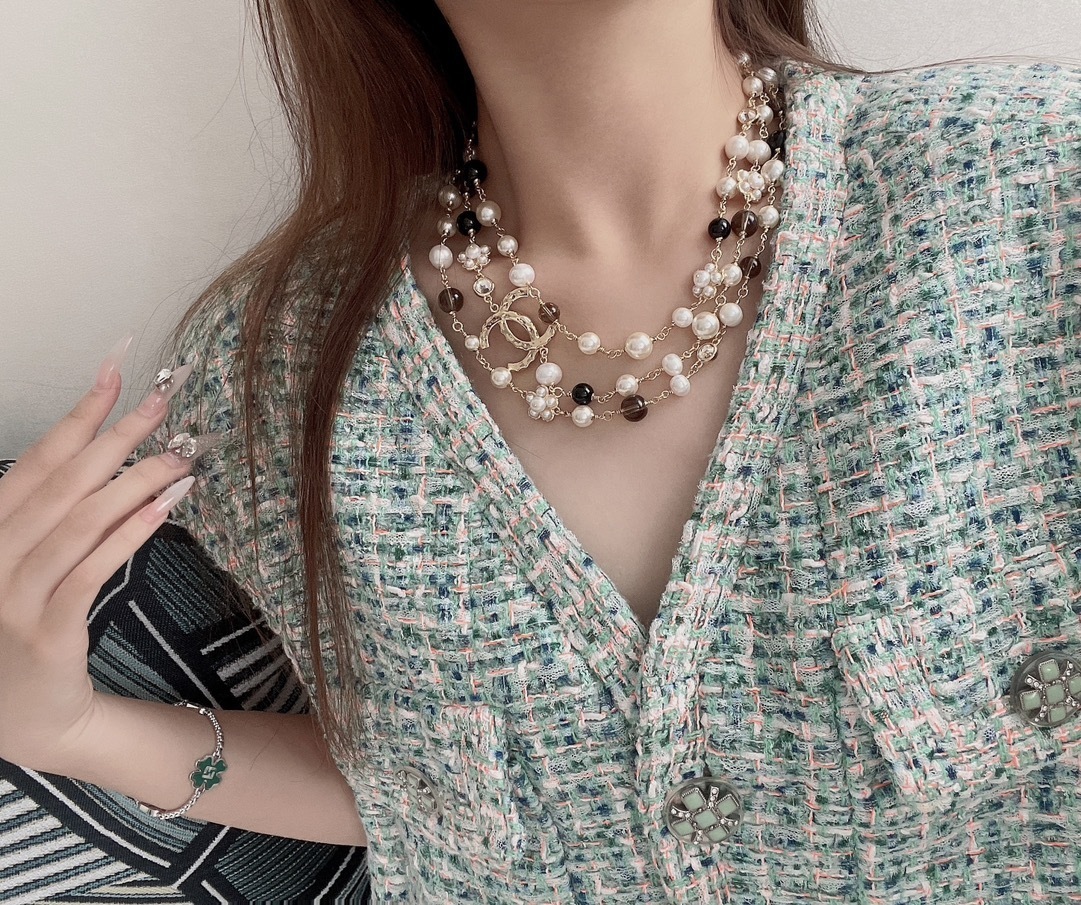 Chanel Multi-Strand Pearl & Bead Necklace with Gold-Tone CC Logo