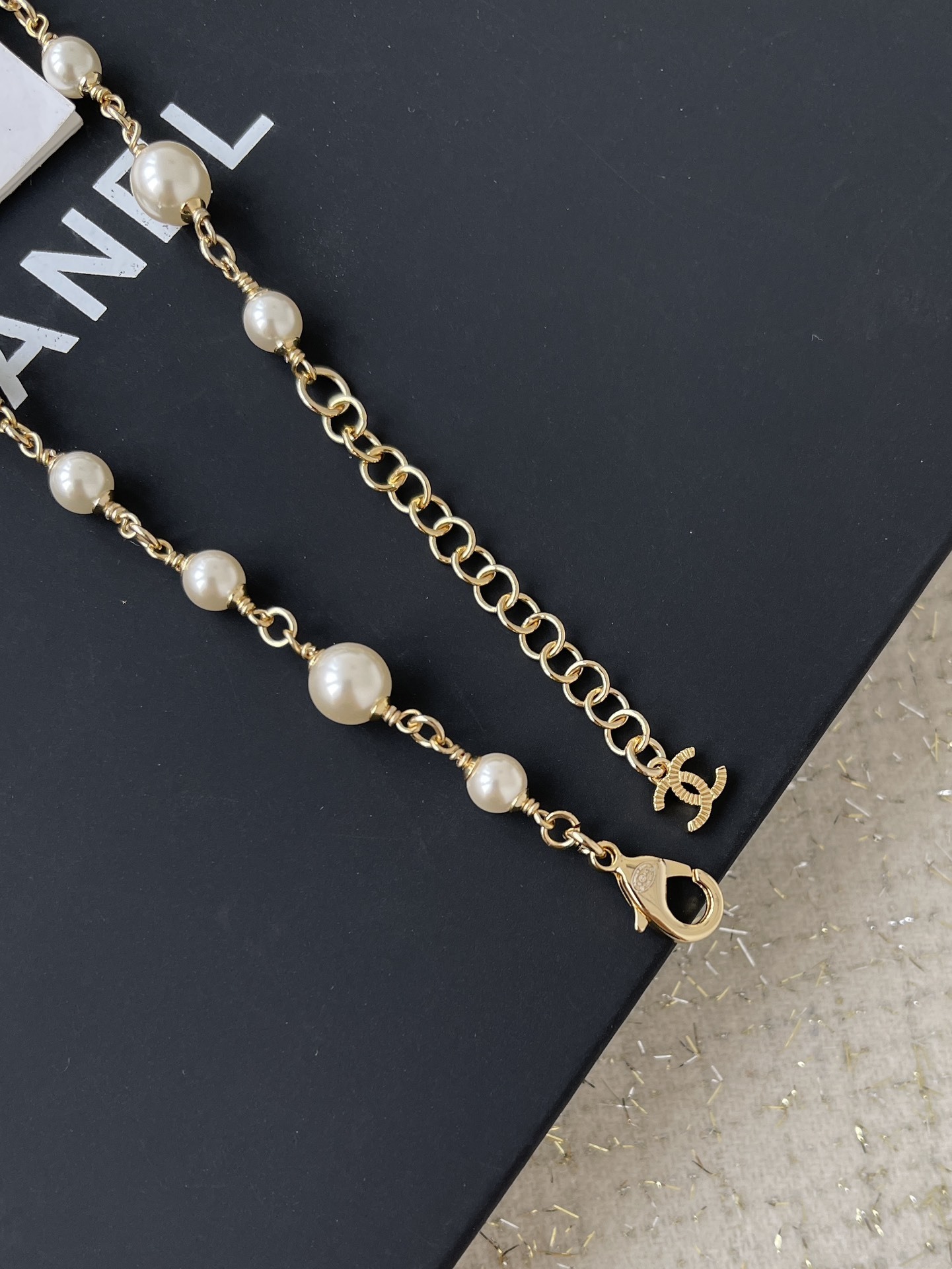 Chanel CC Logo Long Necklace - Gold, Pearl & Black Bead Jewelry