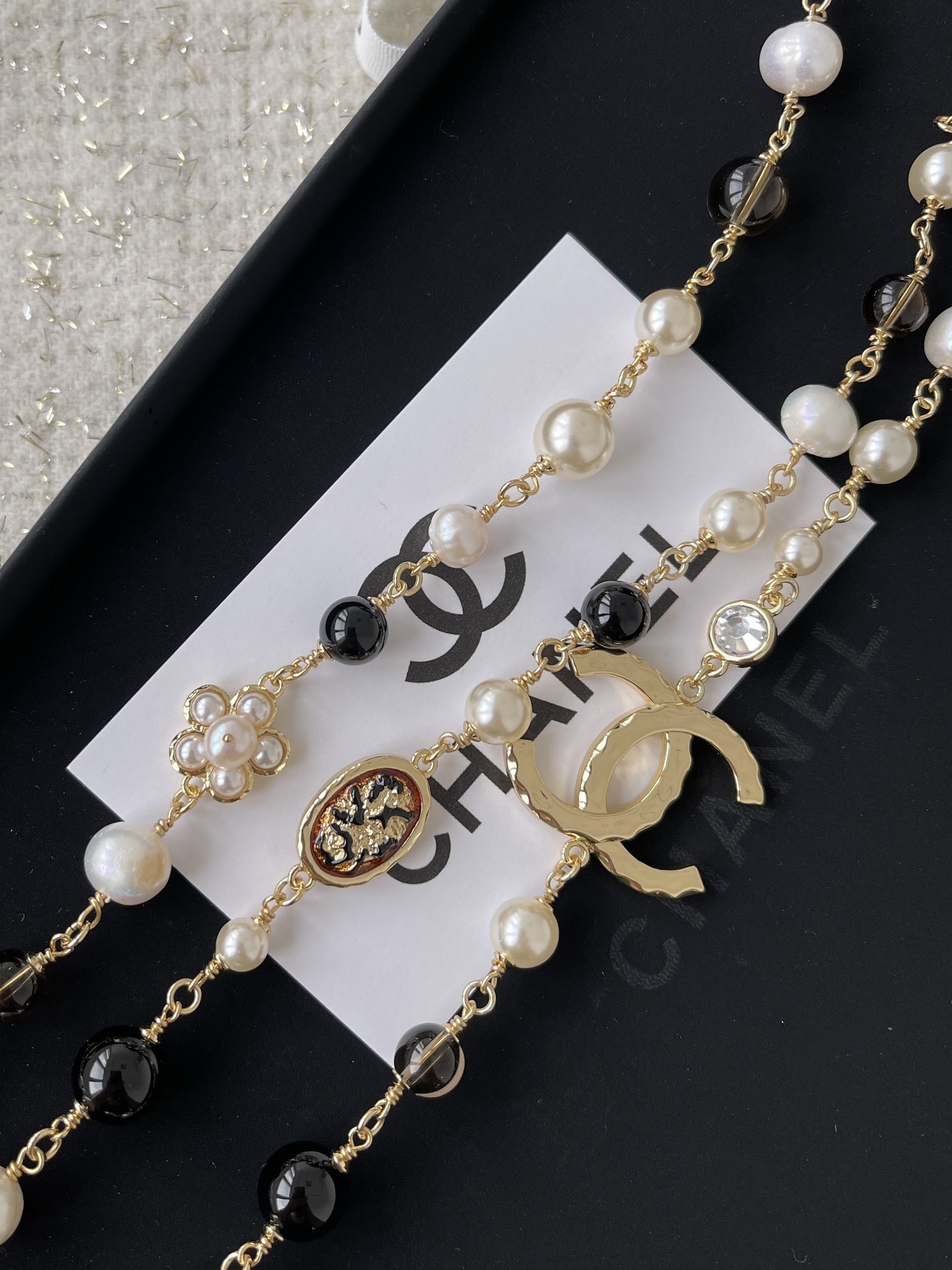 Chanel CC Logo Long Necklace - Gold, Pearl & Black Bead Jewelry