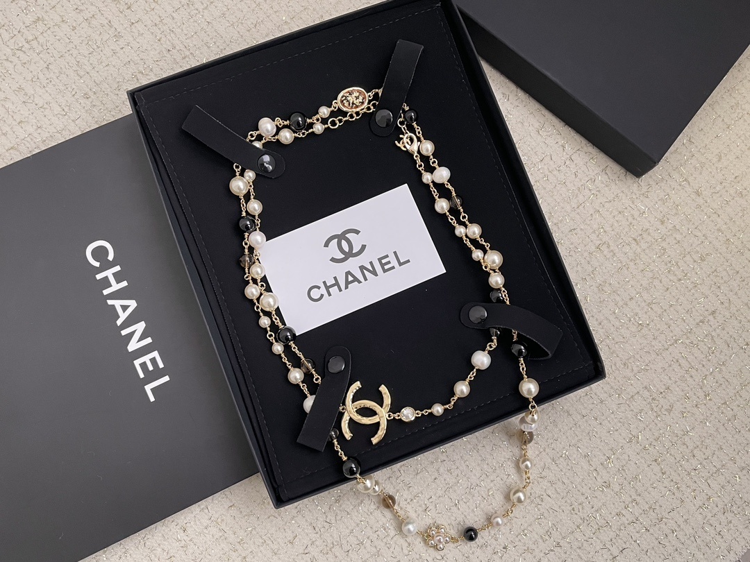 Chanel CC Logo Long Necklace - Gold, Pearl & Black Bead Jewelry