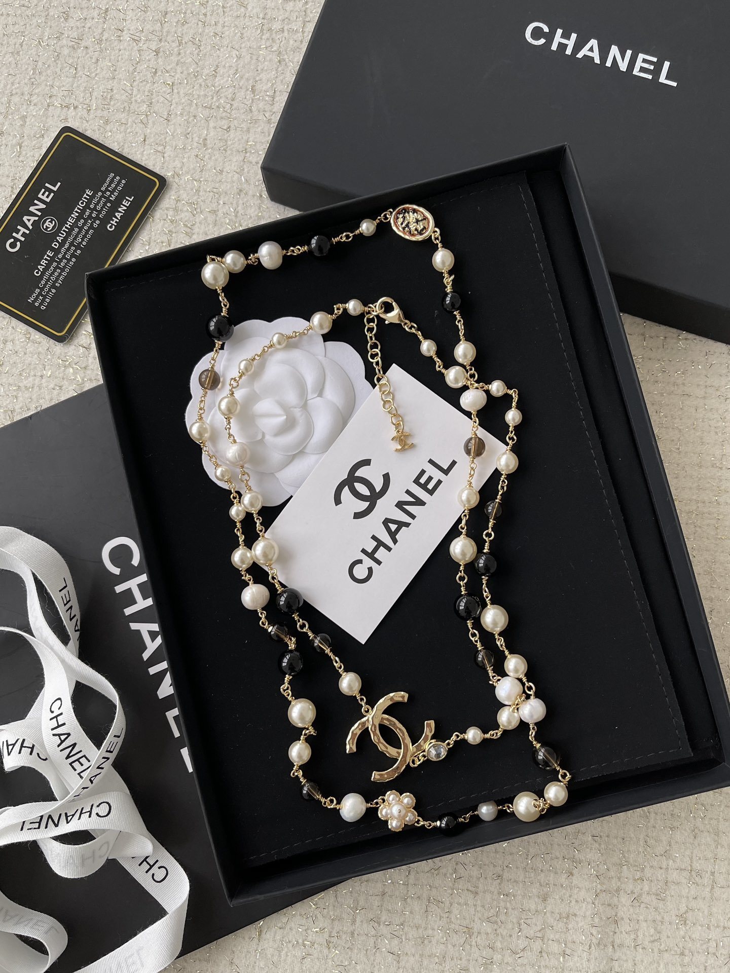Chanel CC Logo Long Necklace - Gold, Pearl & Black Bead Jewelry