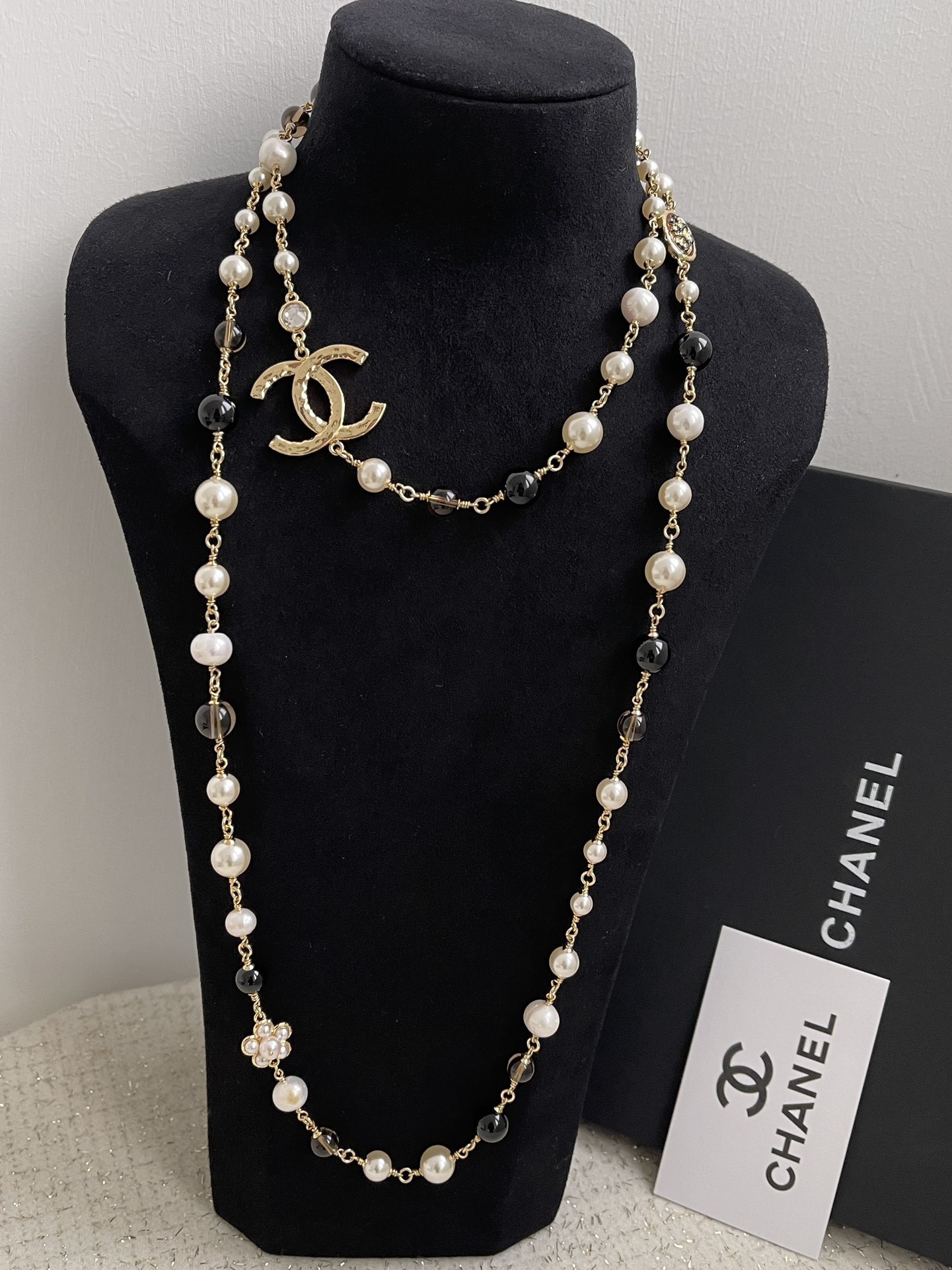 Chanel CC Logo Long Necklace - Gold, Pearl & Black Bead Jewelry
