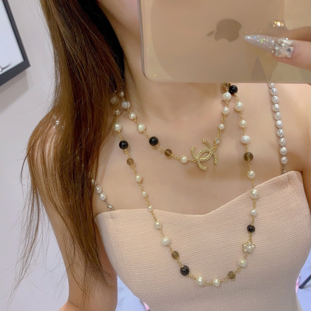 Chanel CC Logo Long Necklace - Gold, Pearl & Black Bead Jewelry
