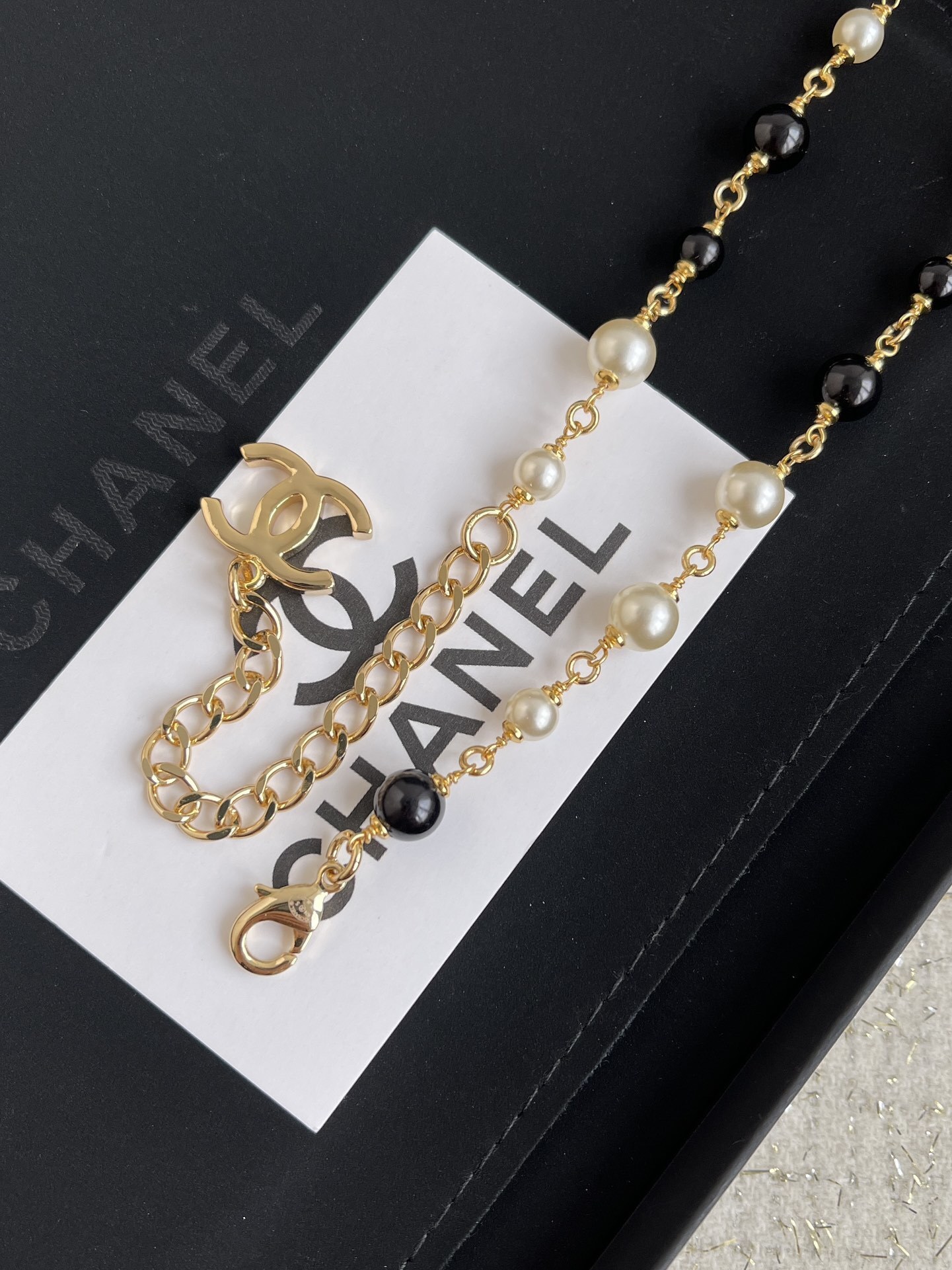 Luxury Gold CC Logo Pearl Long Necklace & Stud Earrings Set