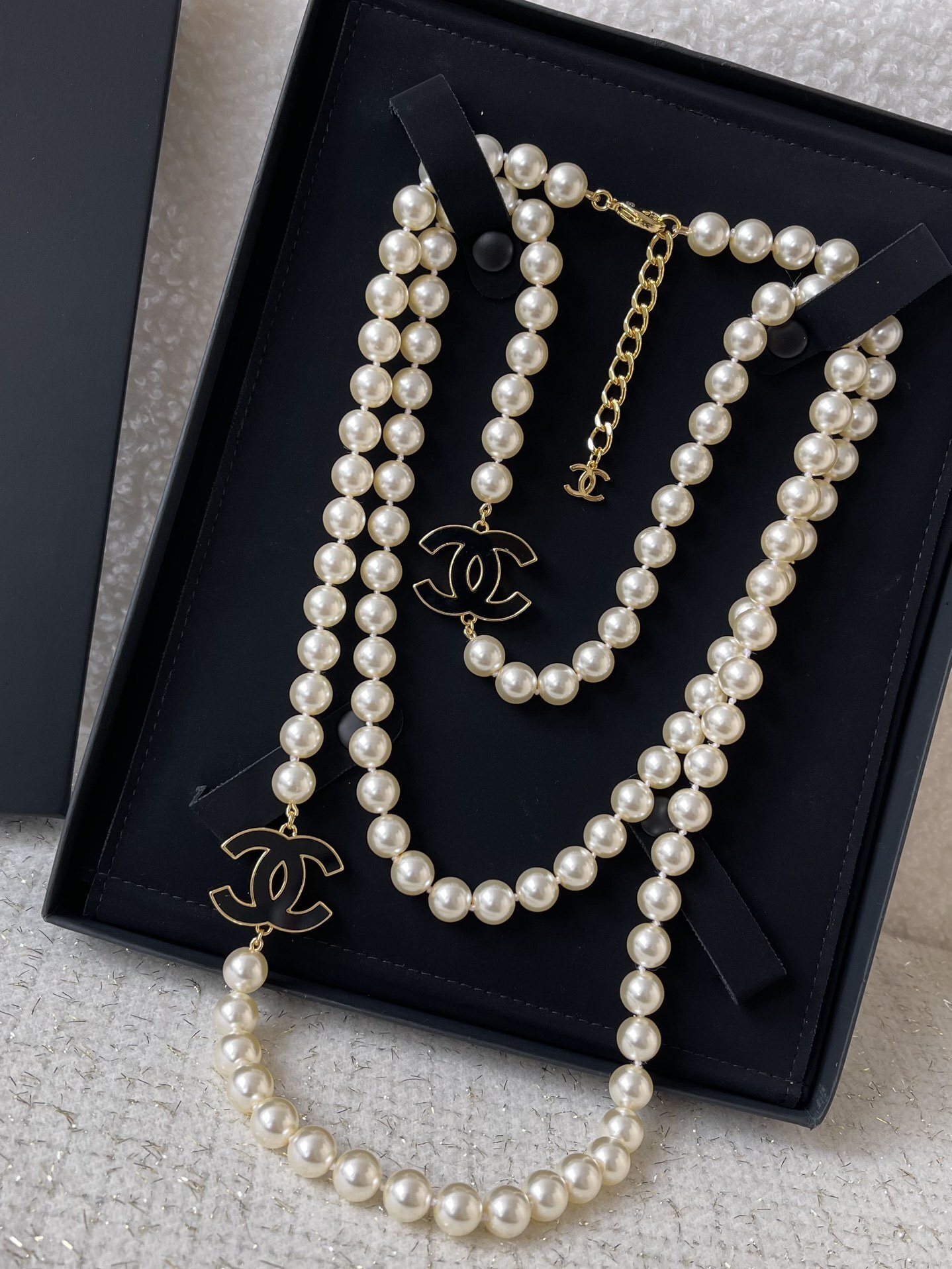 Luxury Double Layer Pearl Necklace with Black CC Logo Charms