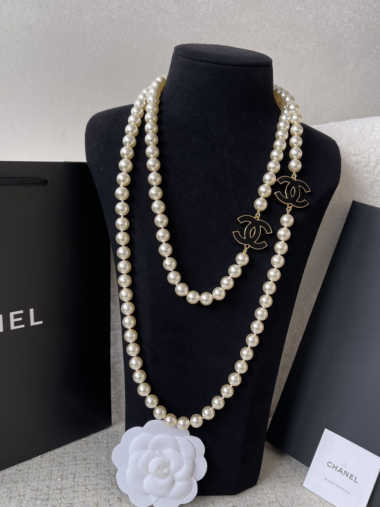 Luxury Double Layer Pearl Necklace with Black CC Logo Charms