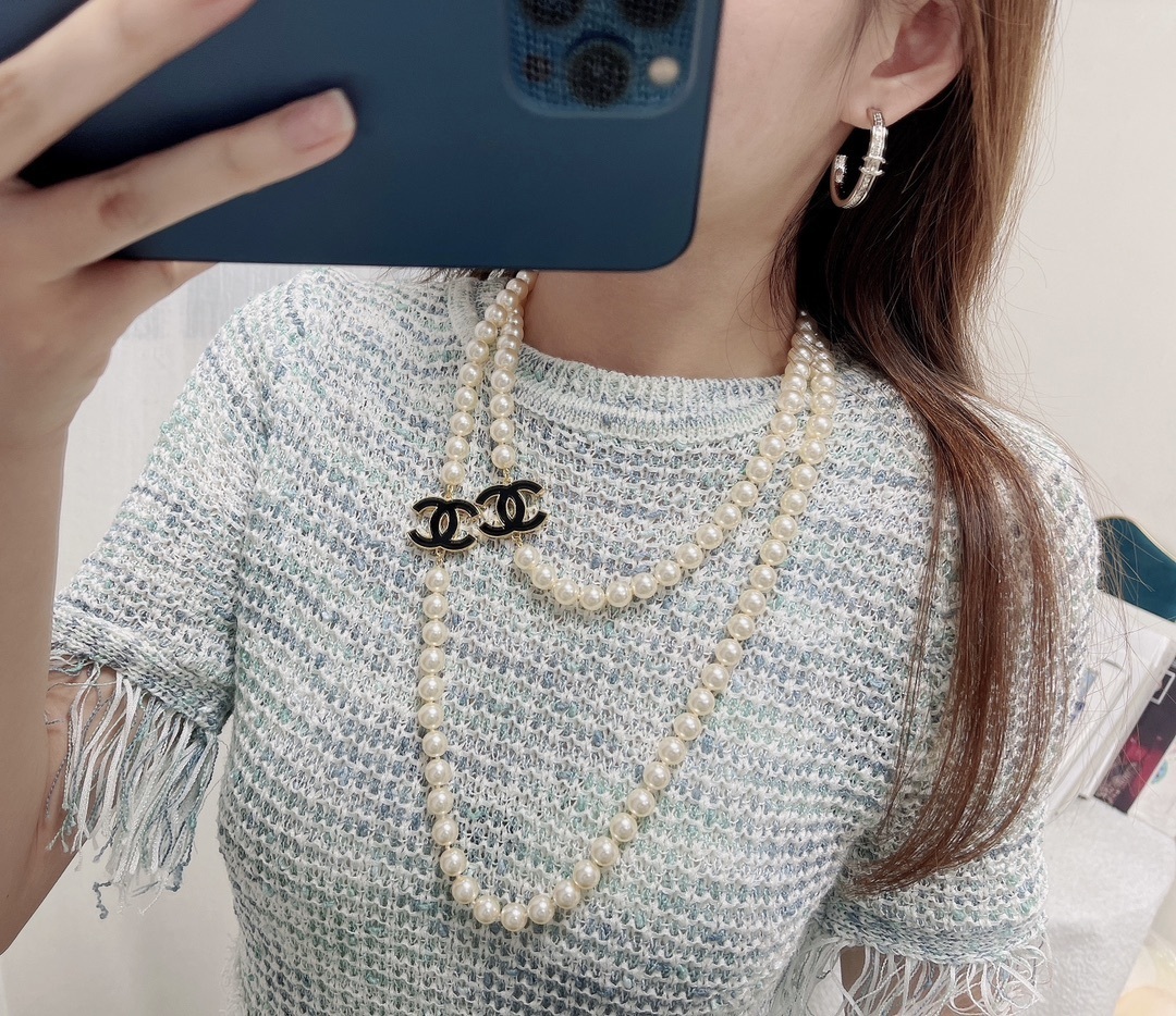 Luxury Double Layer Pearl Necklace with Black CC Logo Charms