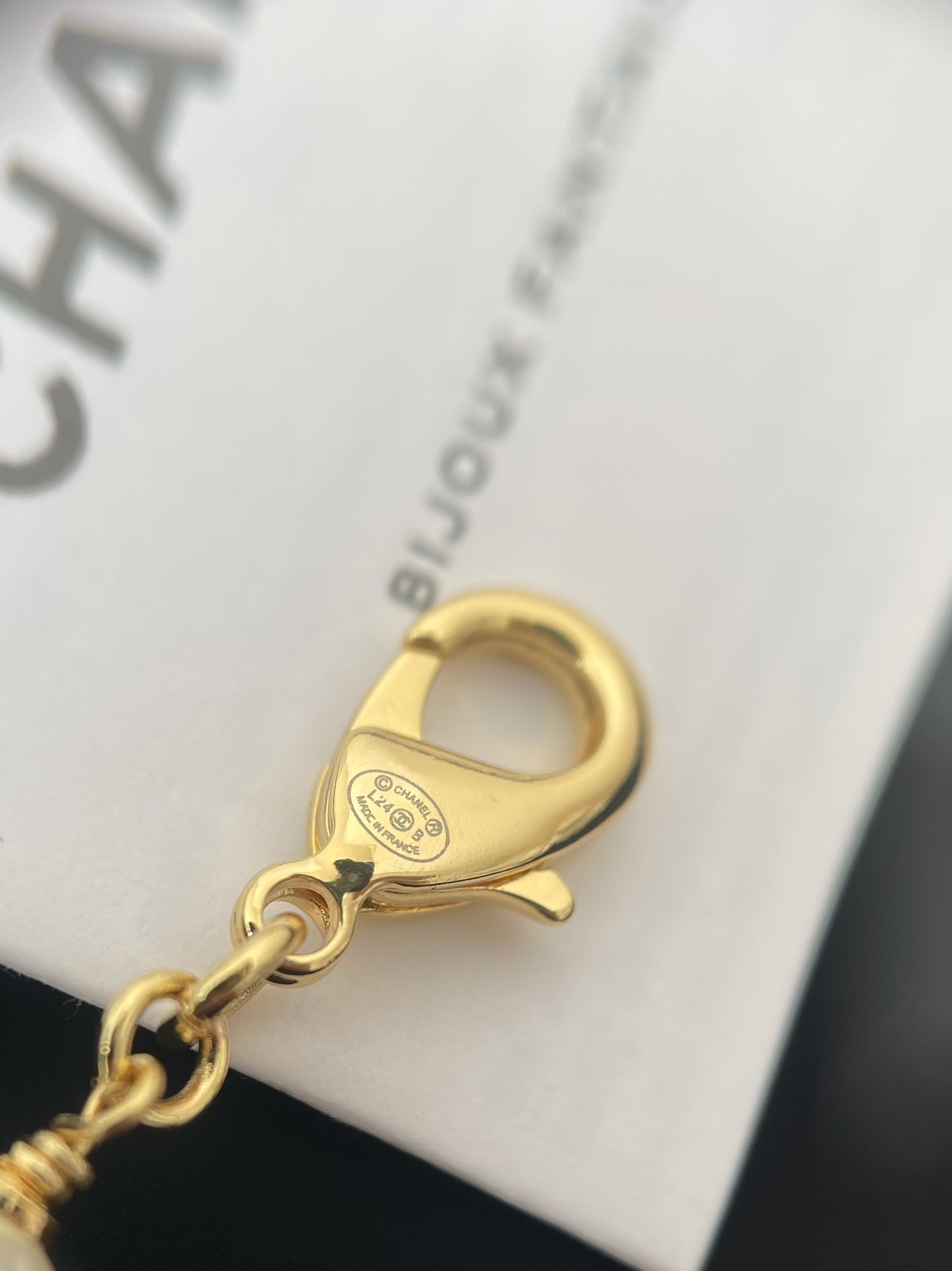 Elegant Double Layer Pearl Necklace with Gold CC Logo & Black Enamel