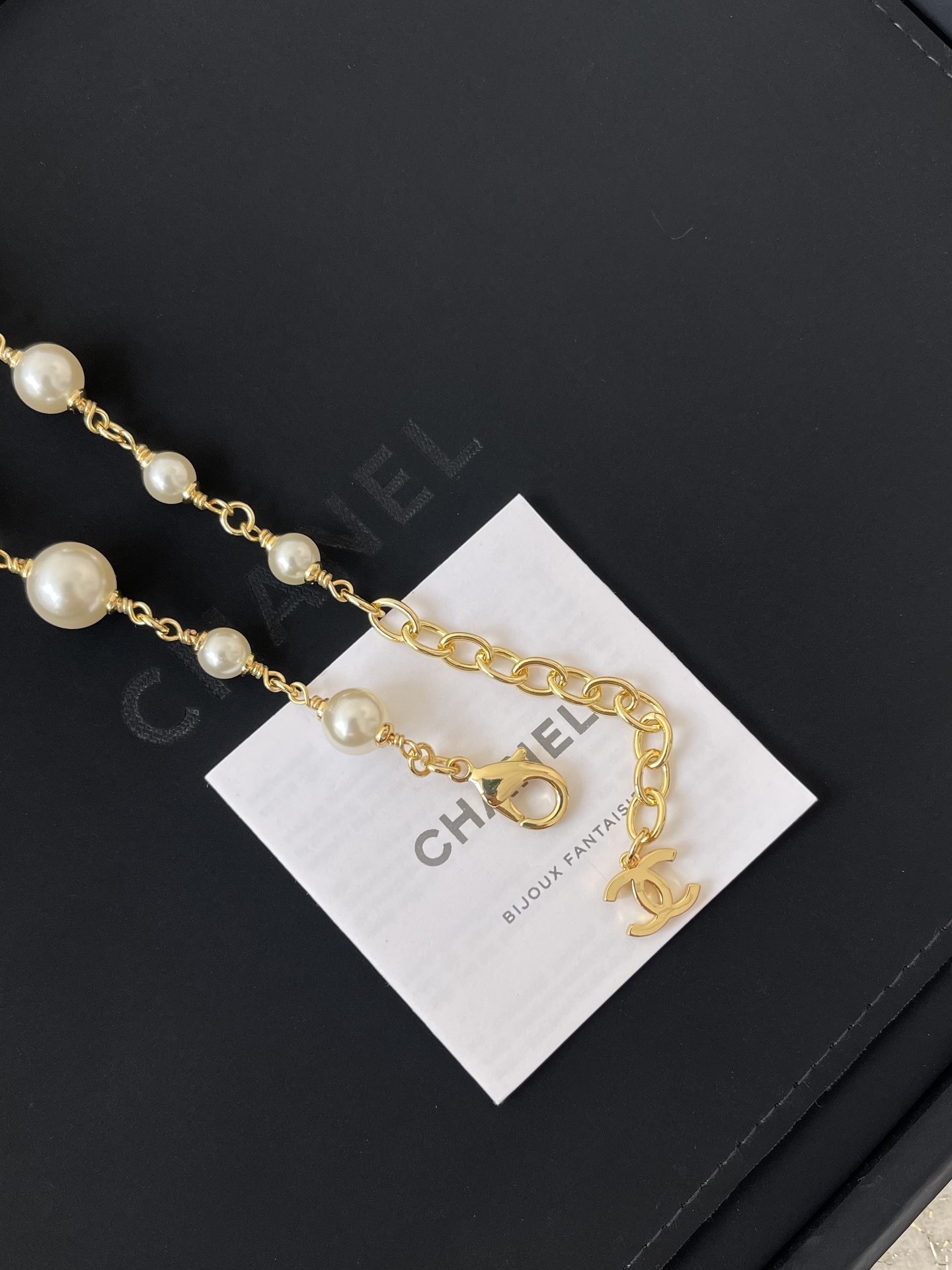 Elegant Double Layer Pearl Necklace with Gold CC Logo & Black Enamel