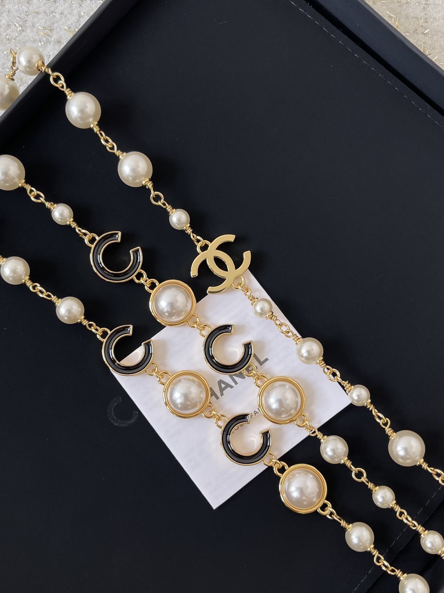 Elegant Double Layer Pearl Necklace with Gold CC Logo & Black Enamel