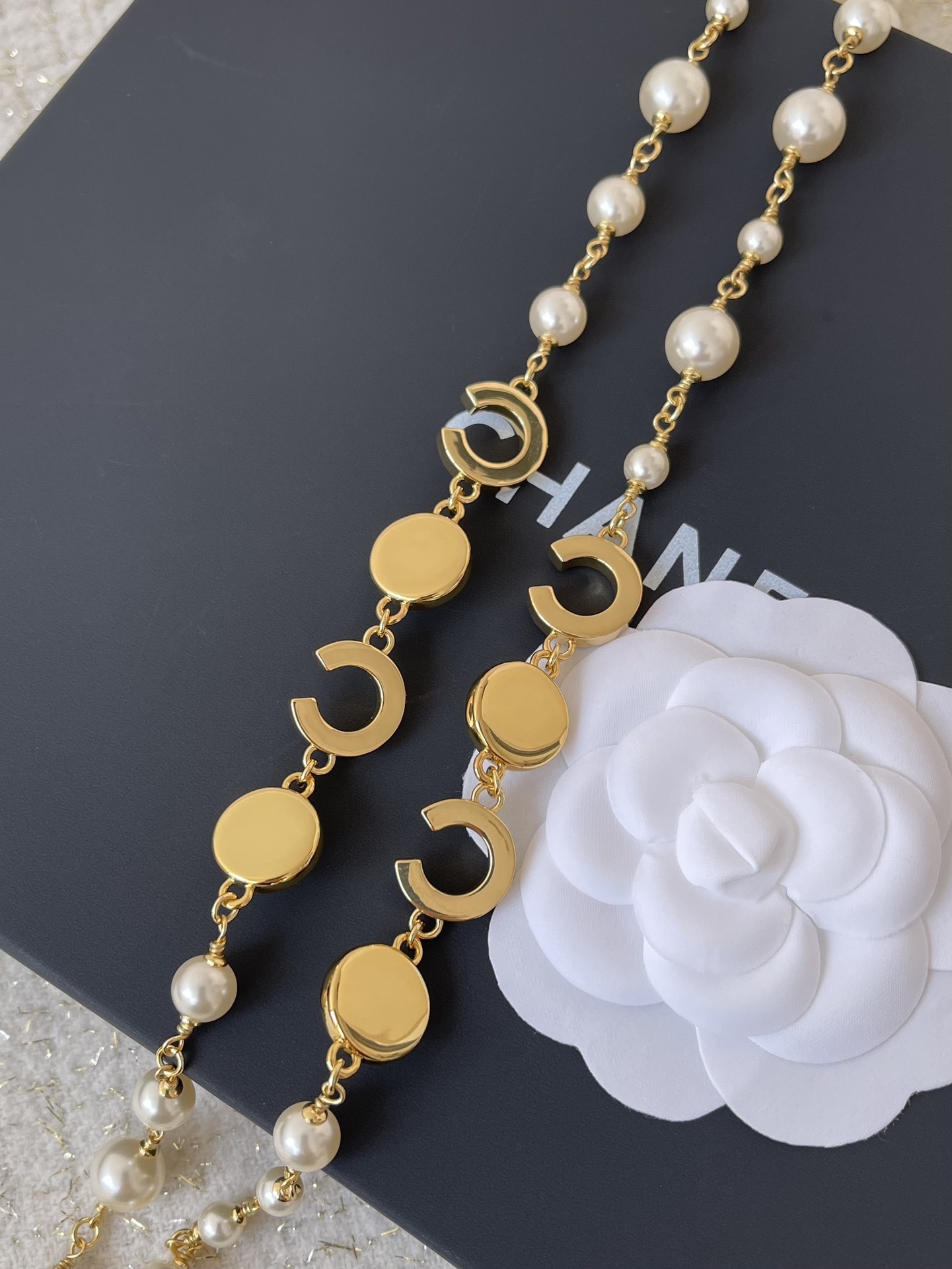 Elegant Double Layer Pearl Necklace with Gold CC Logo & Black Enamel
