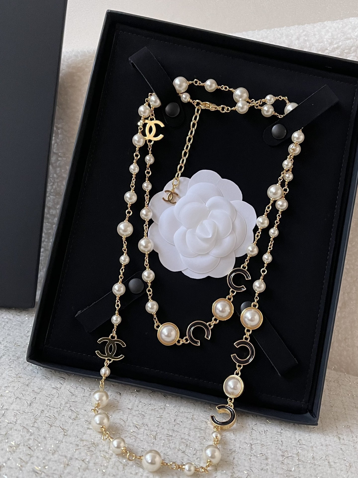 Elegant Double Layer Pearl Necklace with Gold CC Logo & Black Enamel