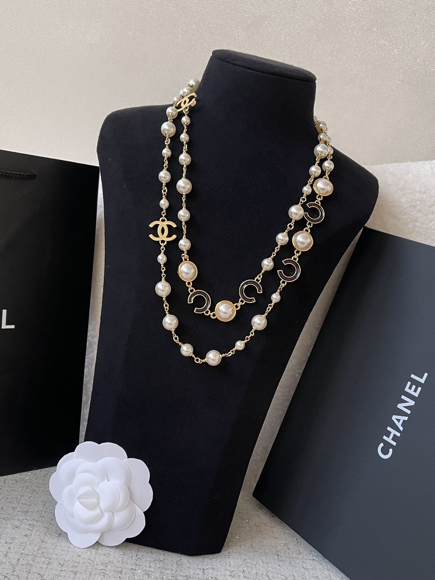 Elegant Double Layer Pearl Necklace with Gold CC Logo & Black Enamel