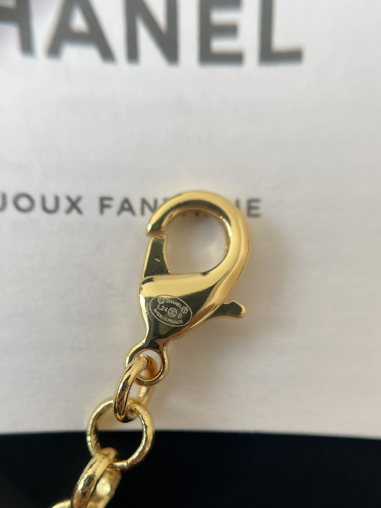 Chanel Luxury Gold Charm Necklace with Pearls and Black Enamel CC