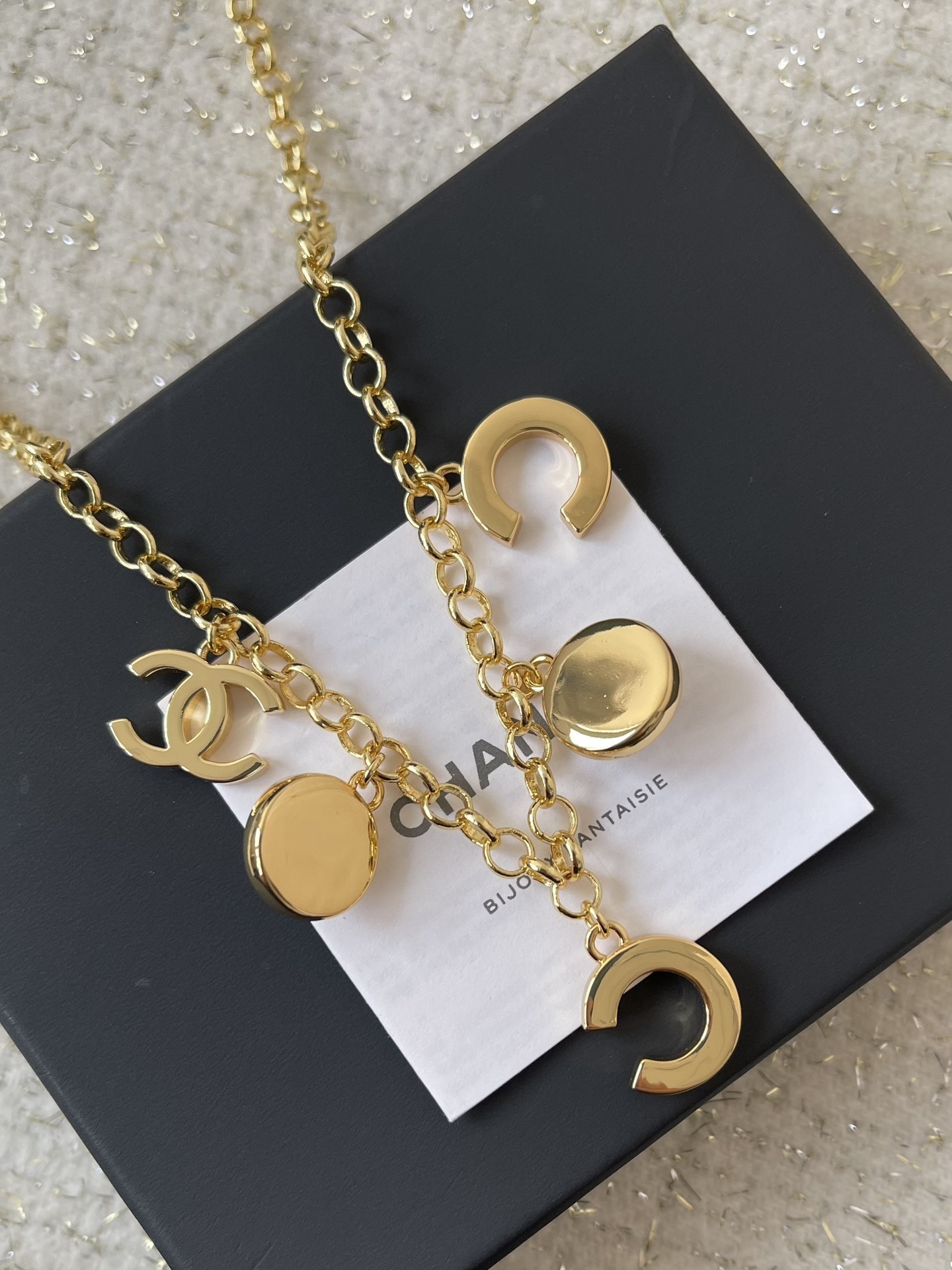 Chanel Luxury Gold Charm Necklace with Pearls and Black Enamel CC