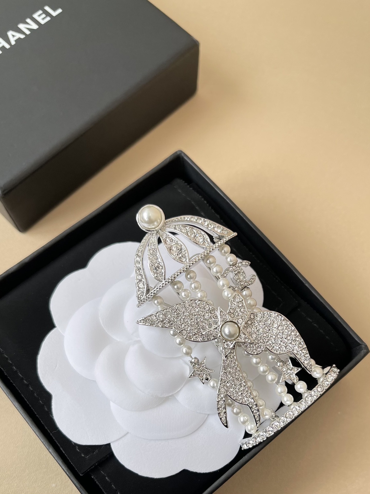 Chanel Crystal and Pearl Birdcage Swallow Brooch - Elegant CC Logo