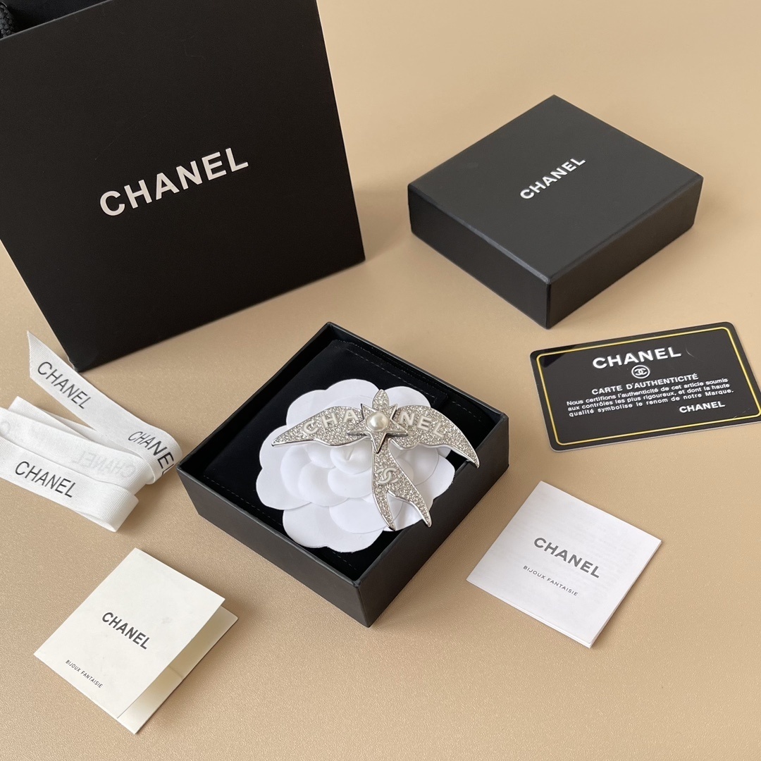 Chanel Swallow Bird Brooch Silver Crystal Pearl Logo Pin