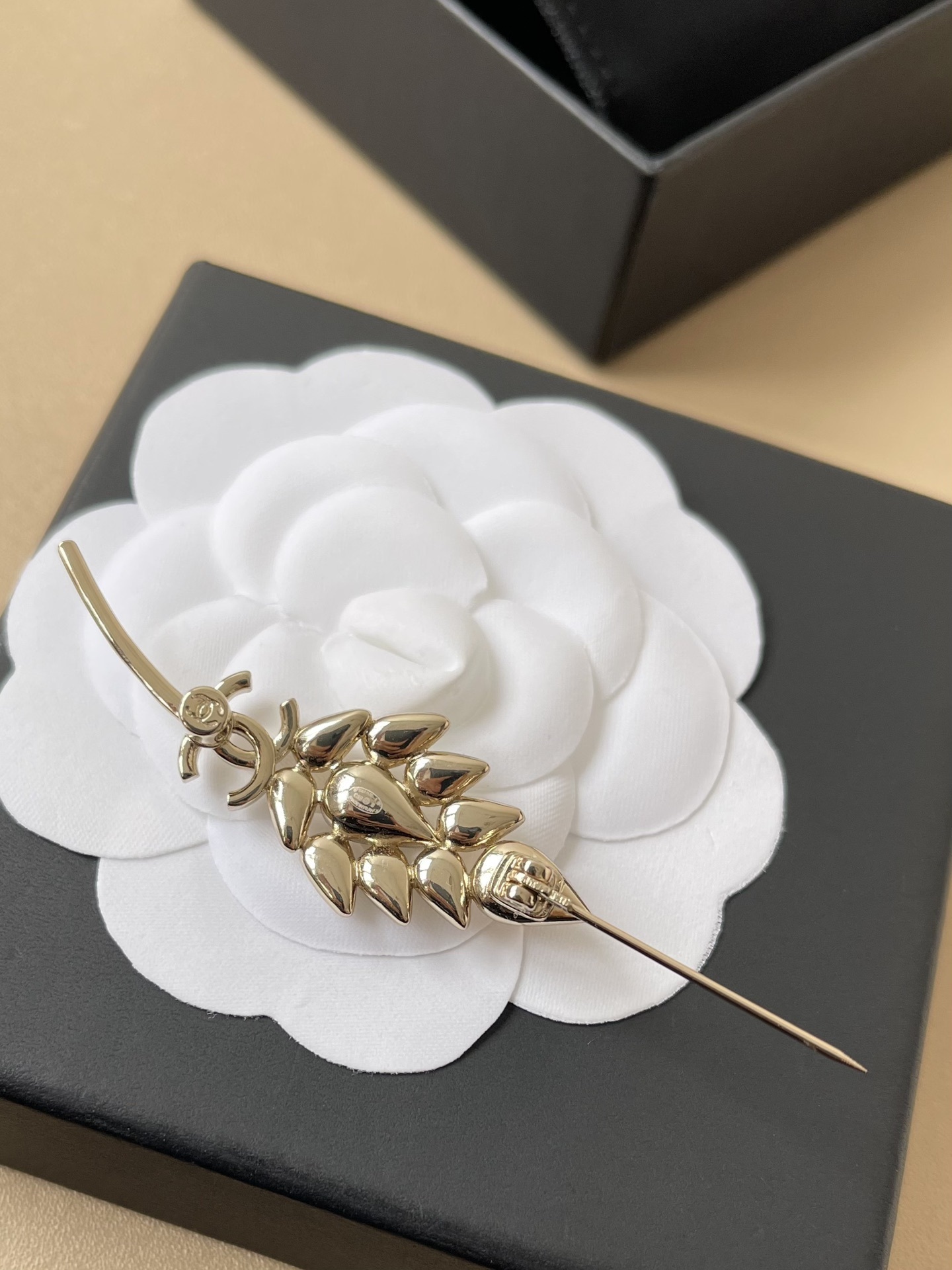 Chanel Gold-Tone Wheat Stalk Brooch with Peach Crystals & CC Logo