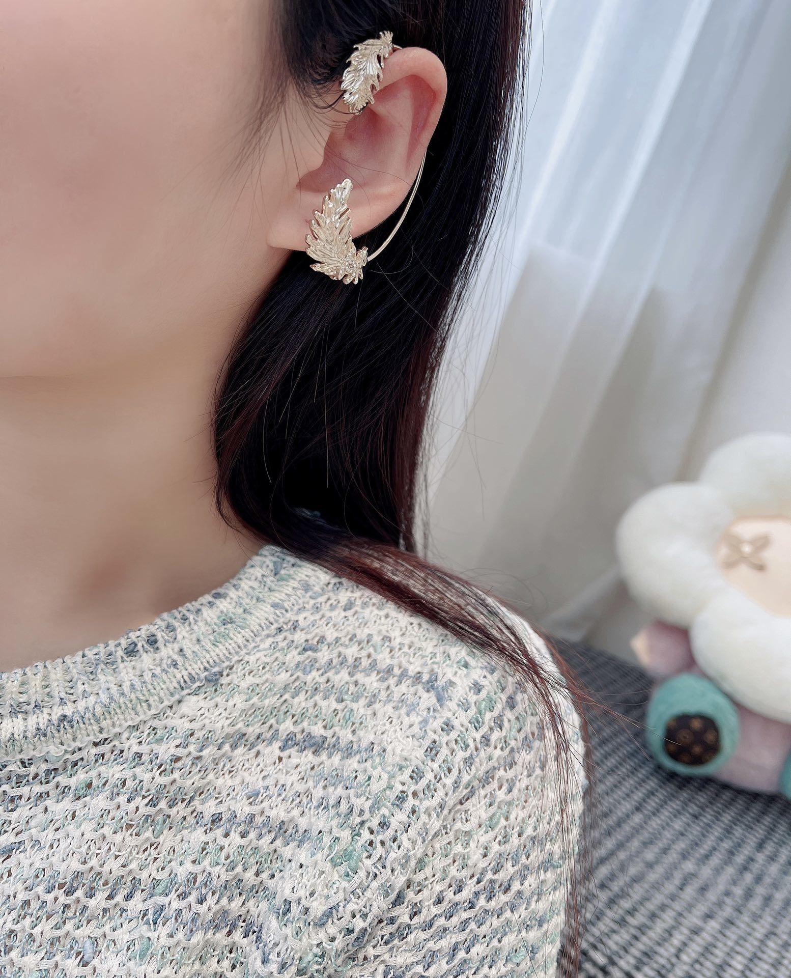 Luxury Gold Crystal Leaf Ear Cuff with Iconic CC Logo