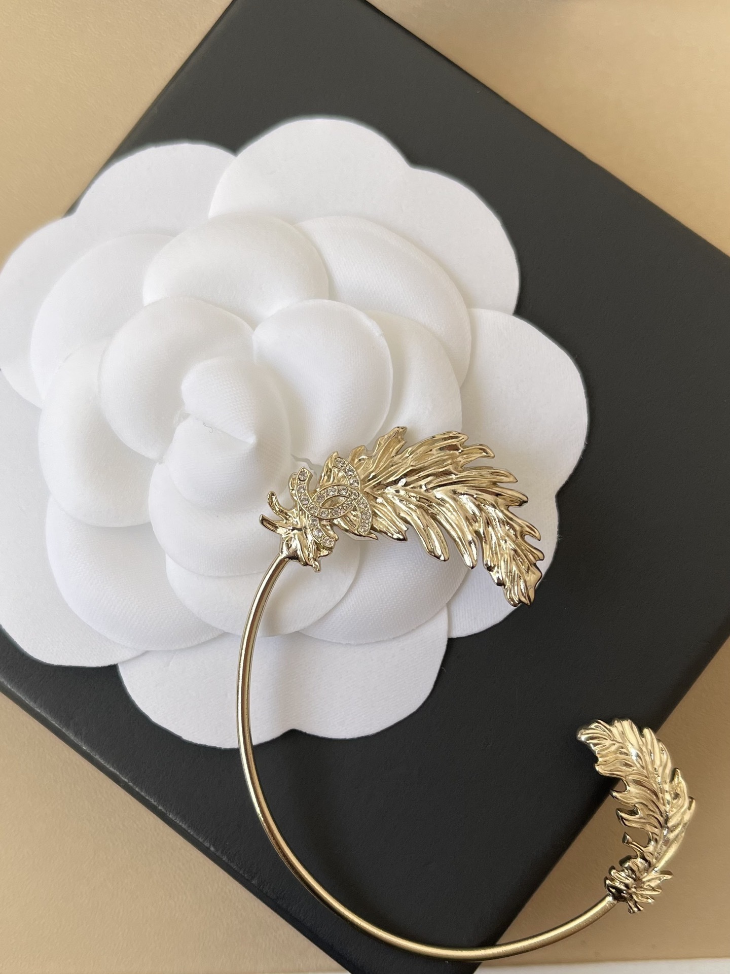 Luxury Gold Crystal Leaf Ear Cuff with Iconic CC Logo